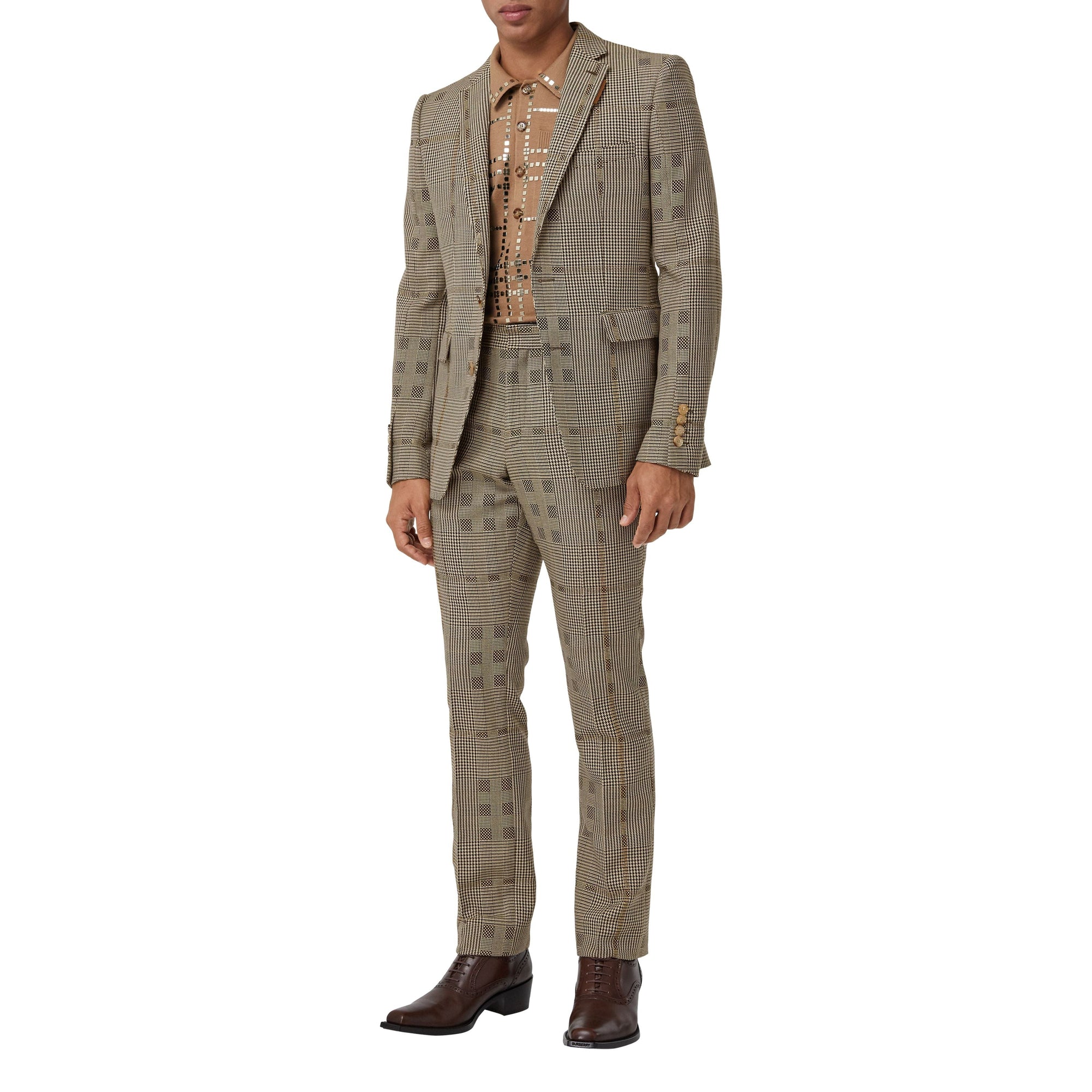 Veste de costume en laine et lamé check - Brown