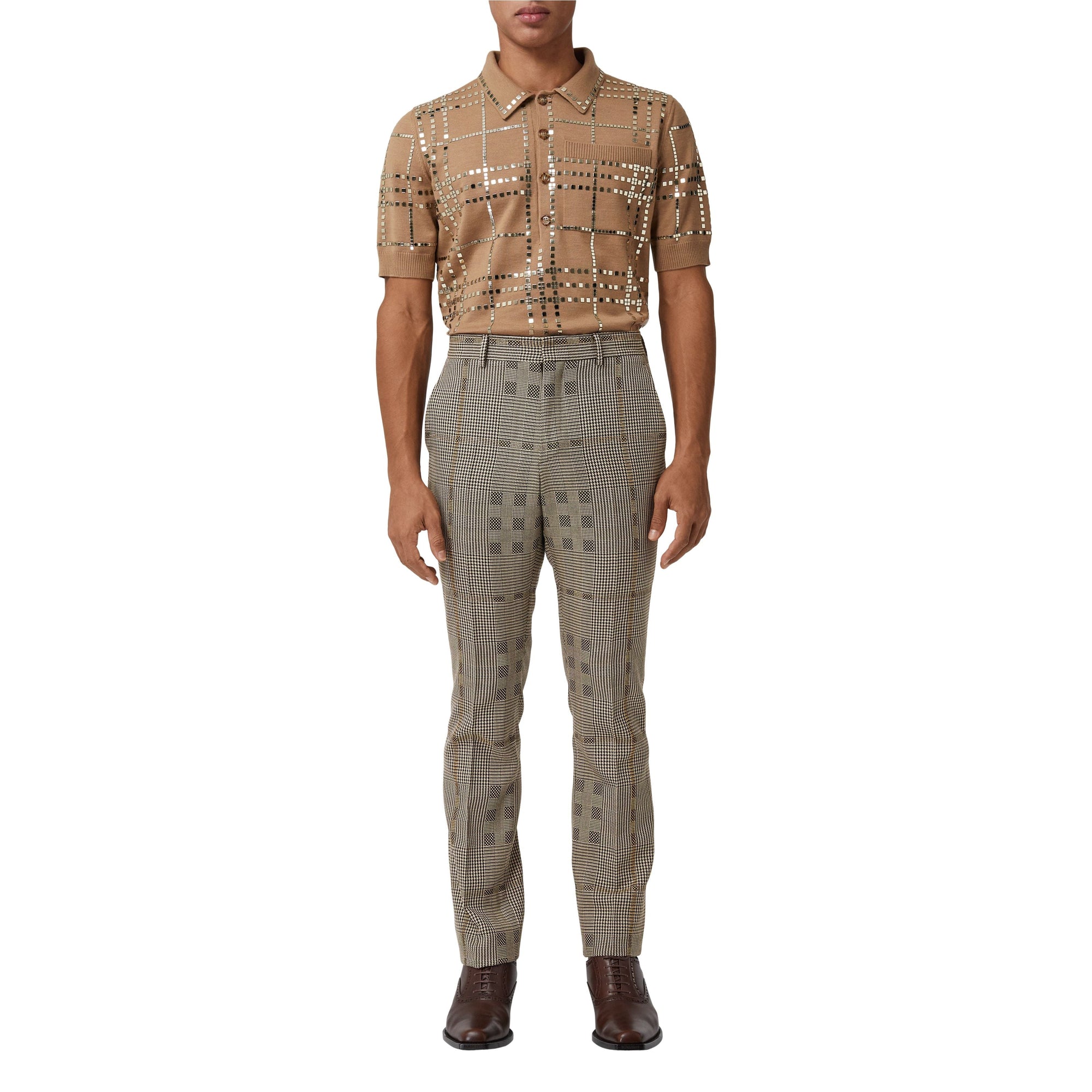 Pantalon de costume en laine et lamé check - Brown