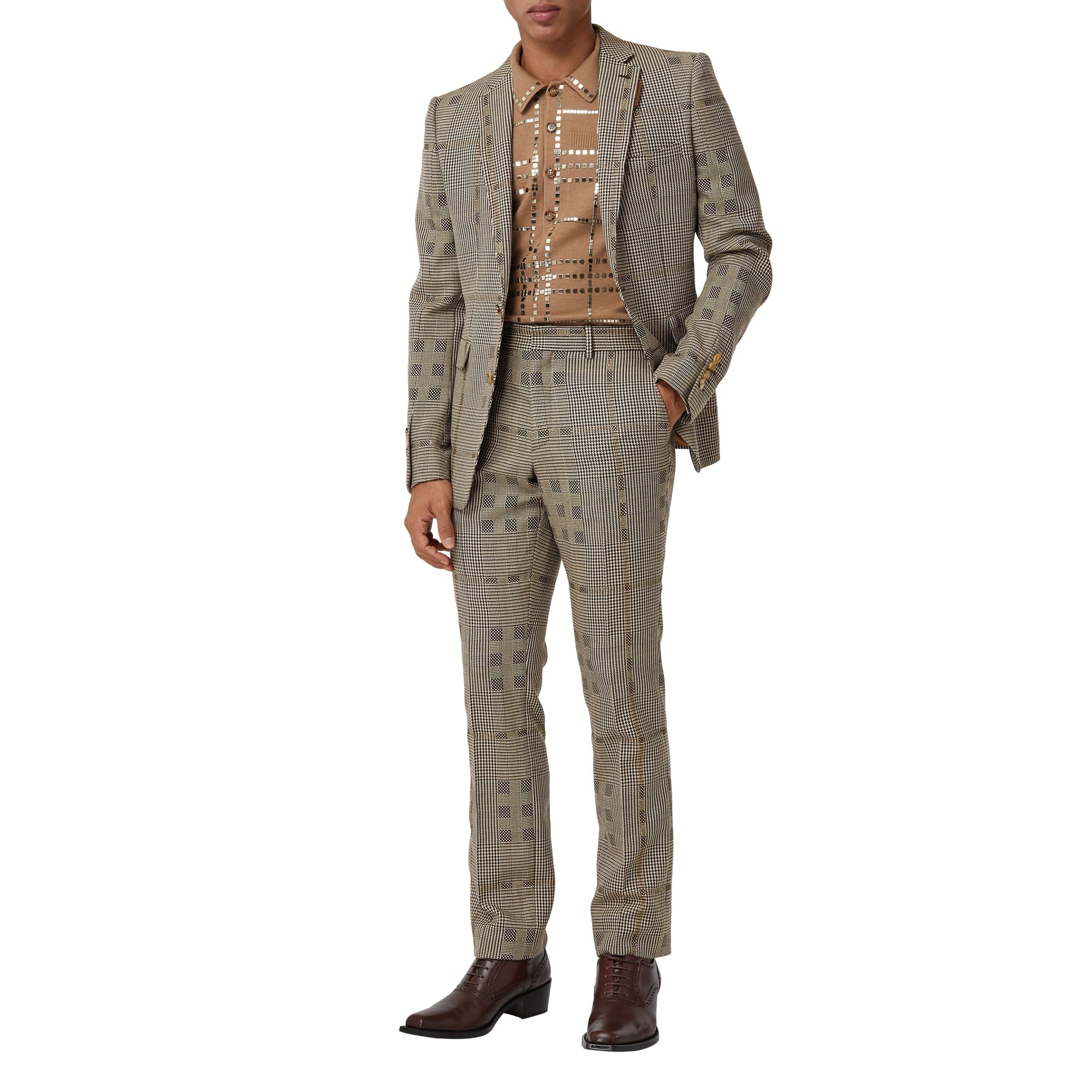 Pantalon de costume en laine et lamé check - Brown