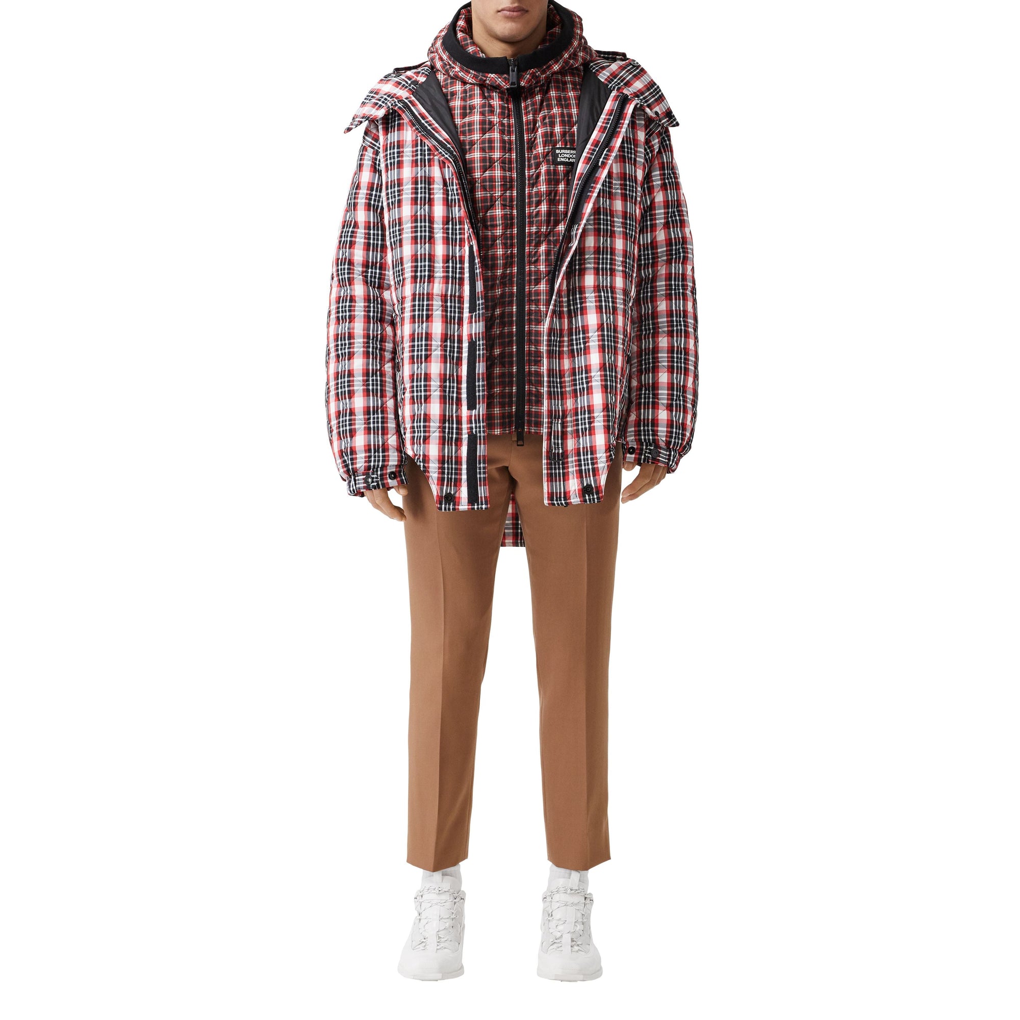 Parka matelassée en nylon check avec découpe - Bright Red Check