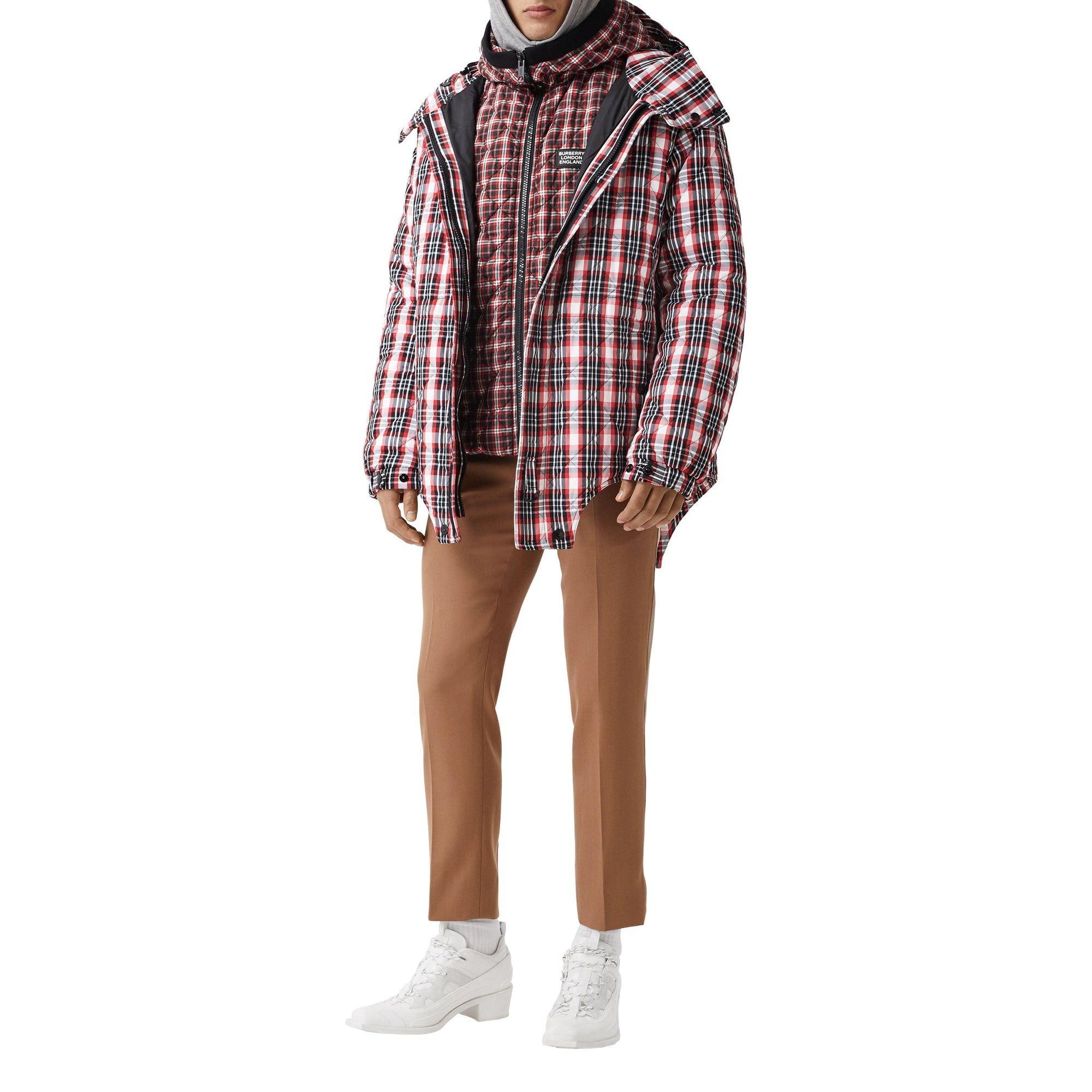 Parka matelassée en nylon check avec découpe - Bright Red Check