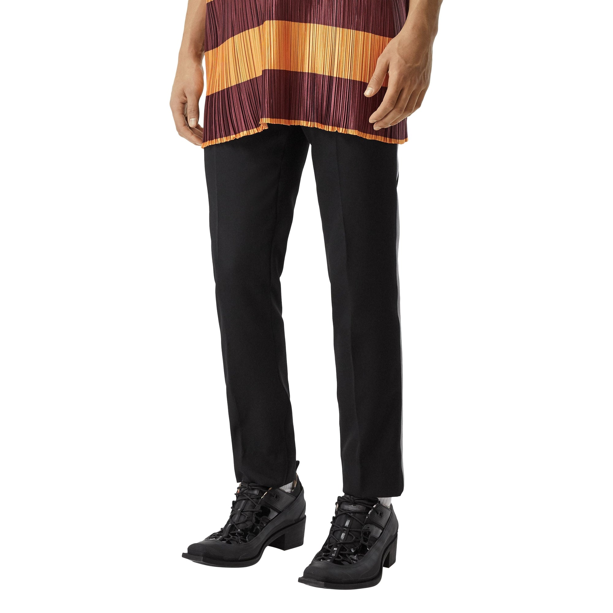 Pantalon de costume en laine à bandes latérales en cuir d'agneau - Black