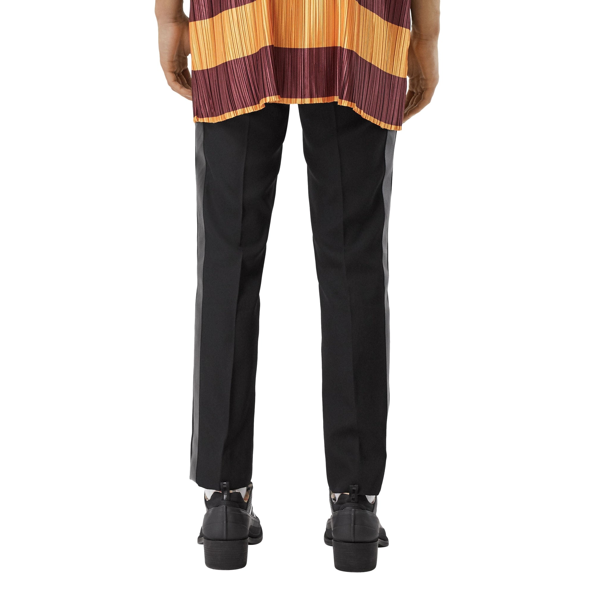 Pantalon de costume en laine à bandes latérales en cuir d'agneau - Black