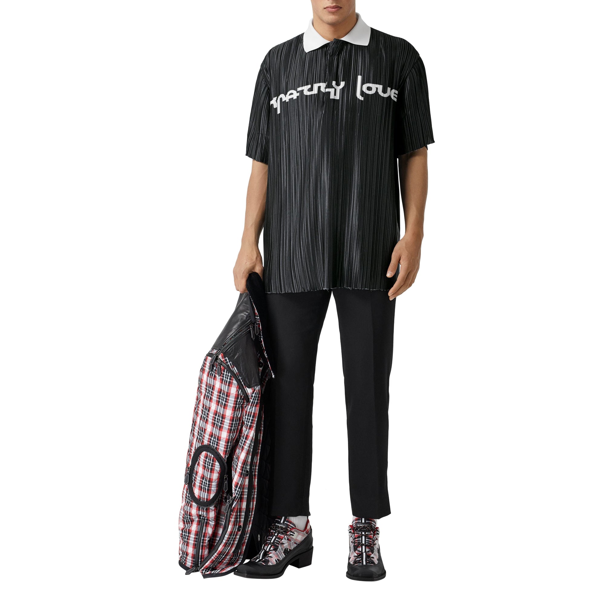 Polo plissé en satin avec slogan - Black
