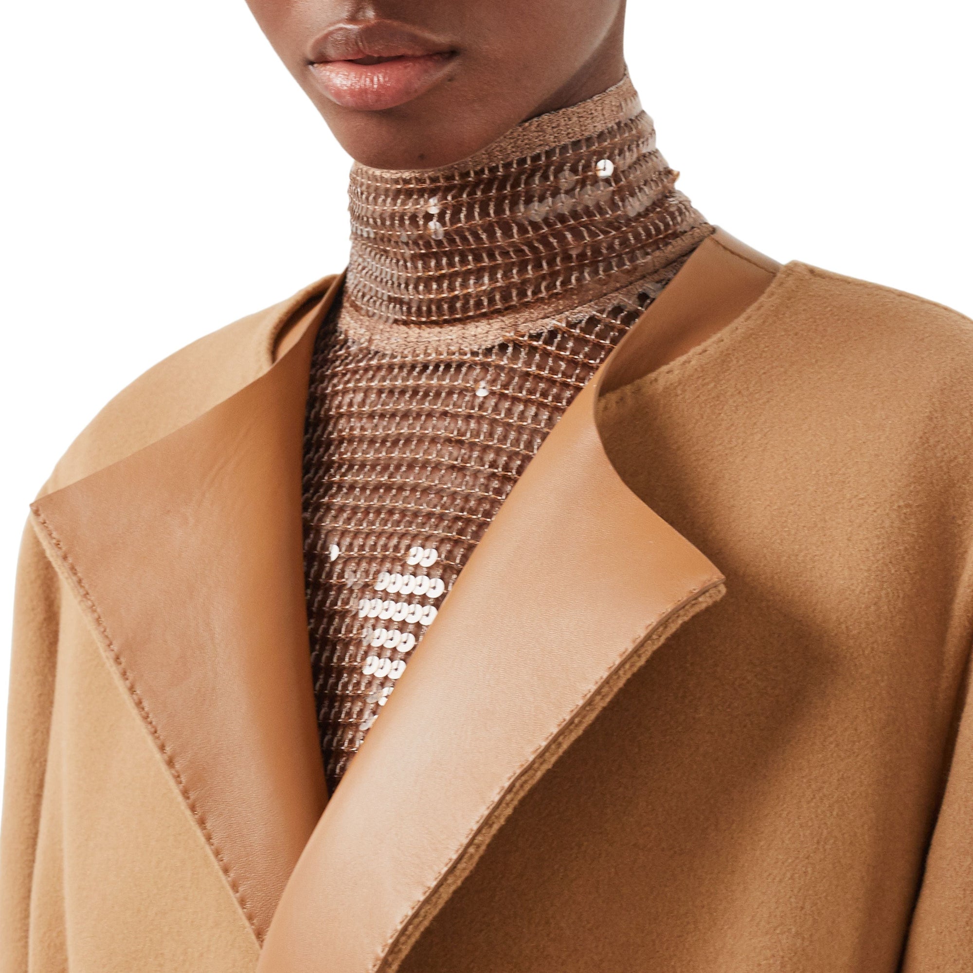 Manteau portefeuille en cachemire double face et cuir d'agneau - Camel