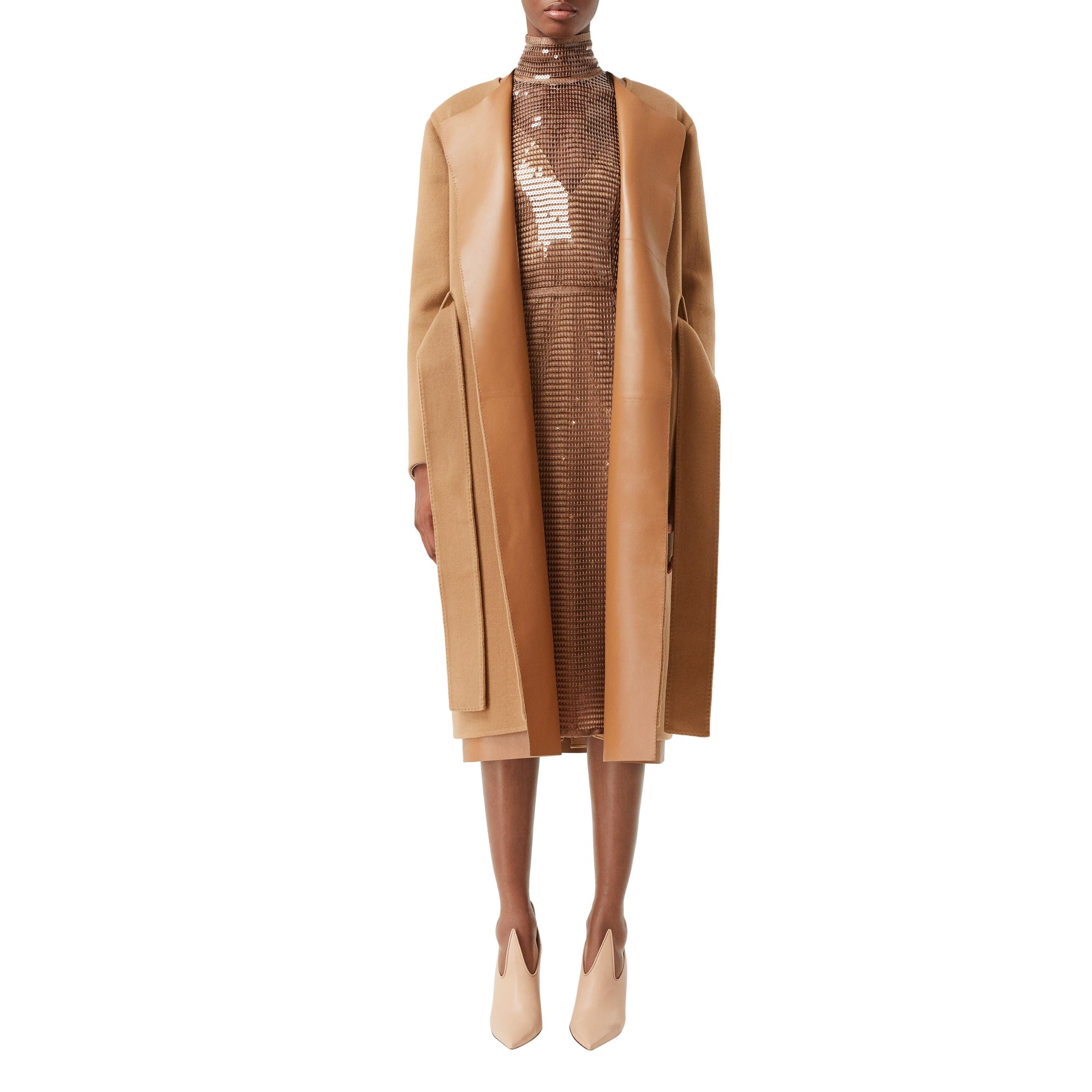 Manteau portefeuille en cachemire double face et cuir d'agneau - Camel