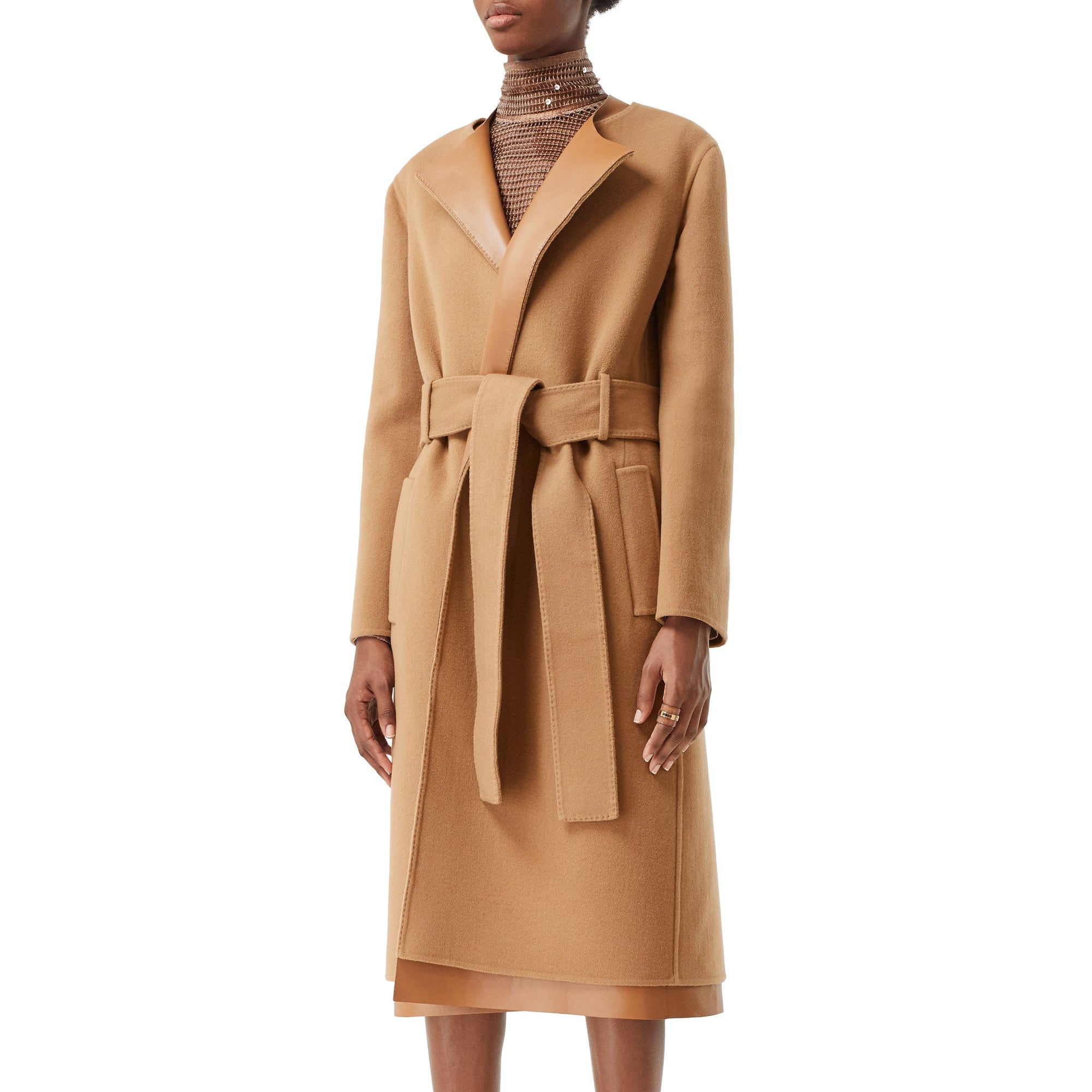 Manteau portefeuille en cachemire double face et cuir d'agneau - Camel