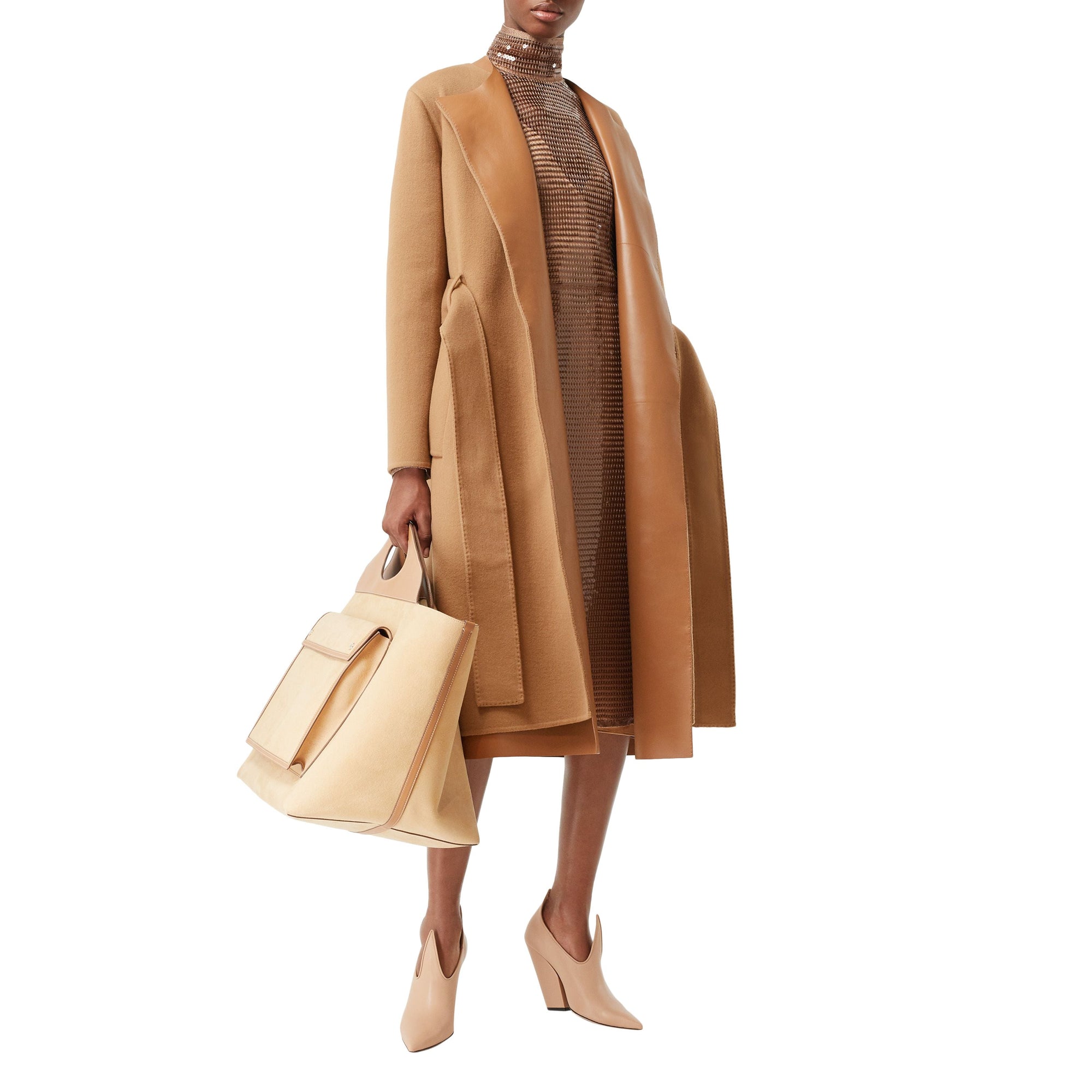 Manteau portefeuille en cachemire double face et cuir d'agneau - Camel