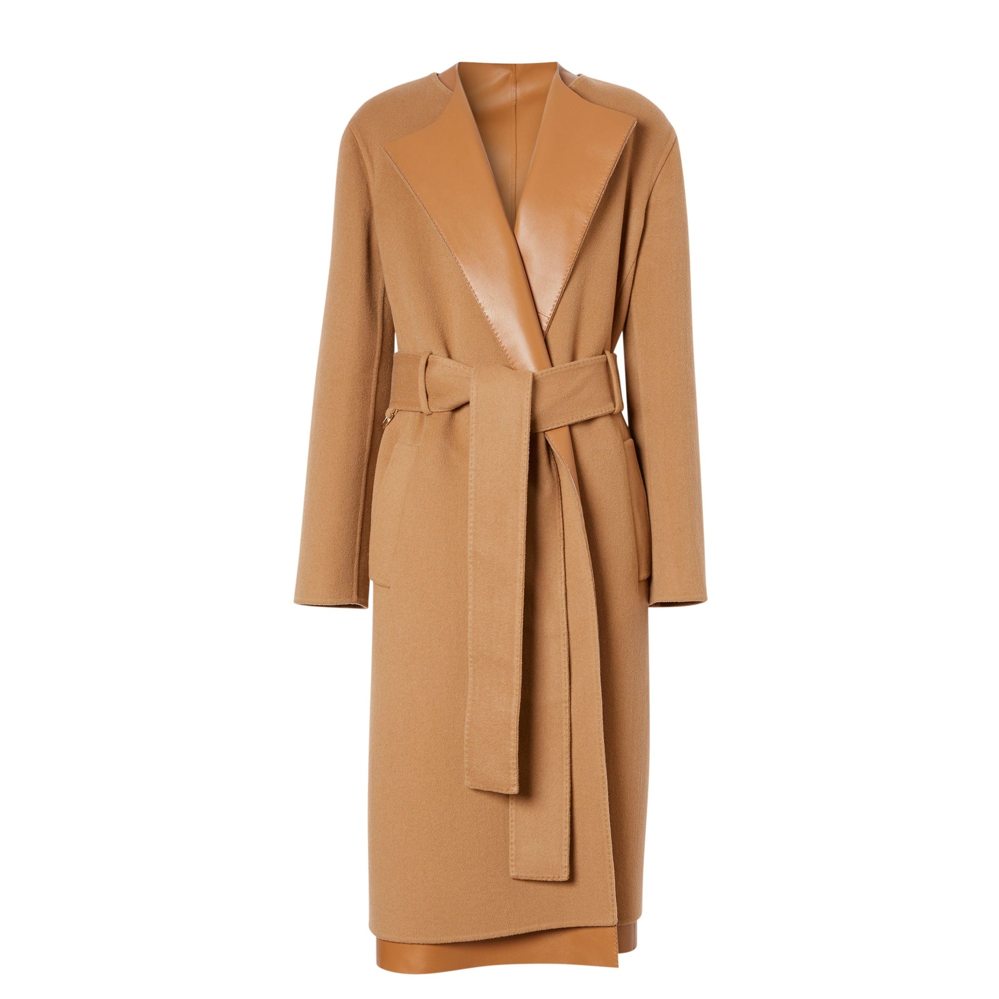 Manteau portefeuille en cachemire double face et cuir d'agneau - Camel