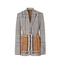 Veste tailleur en laine technique check avec basque - Dark Brown
