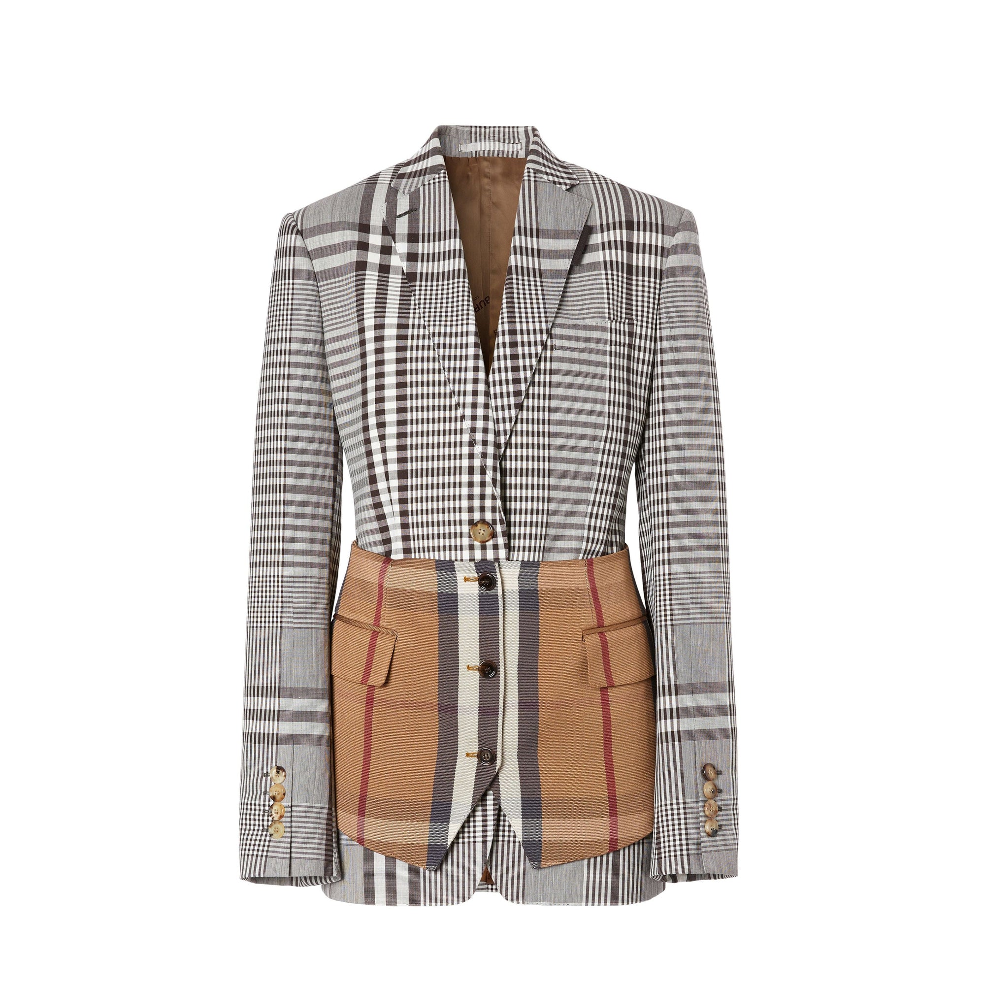 Veste tailleur en laine technique check avec basque - Dark Brown