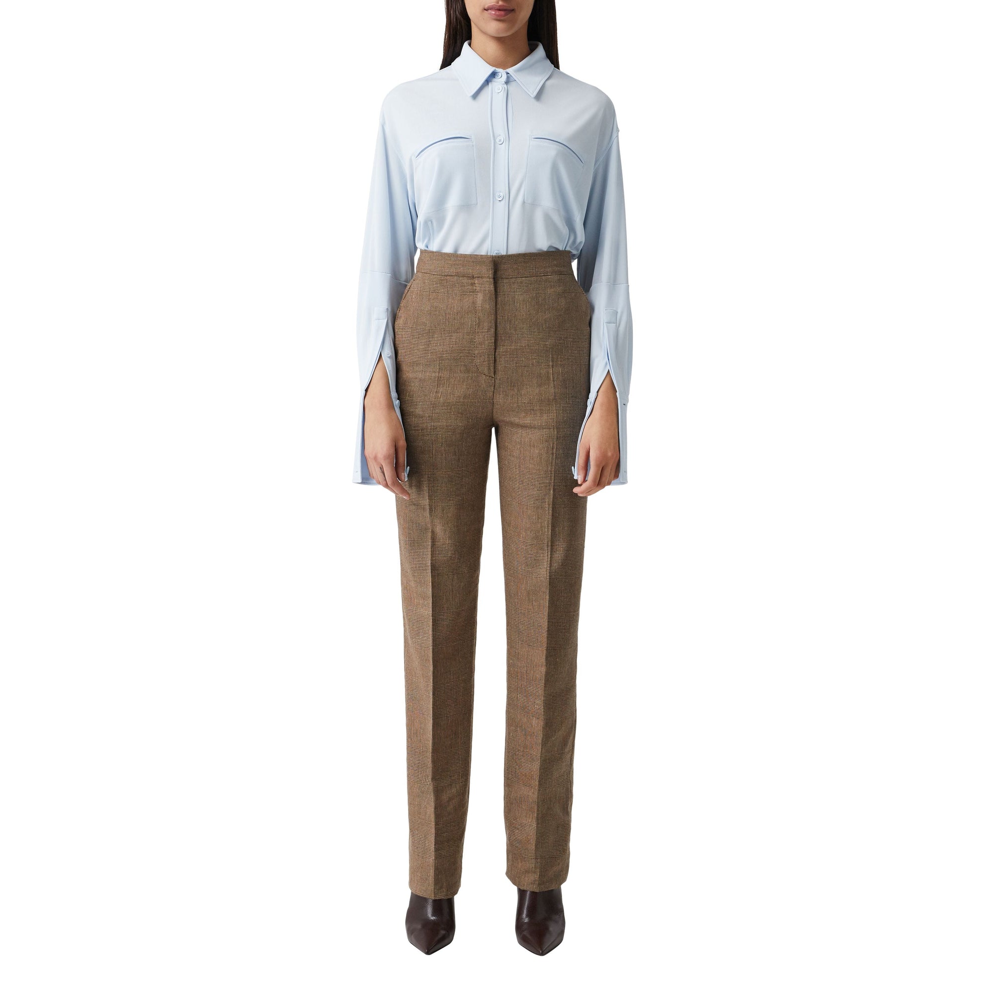 Pantalon en lin laine et cachemire check Prince de Galles - Brown