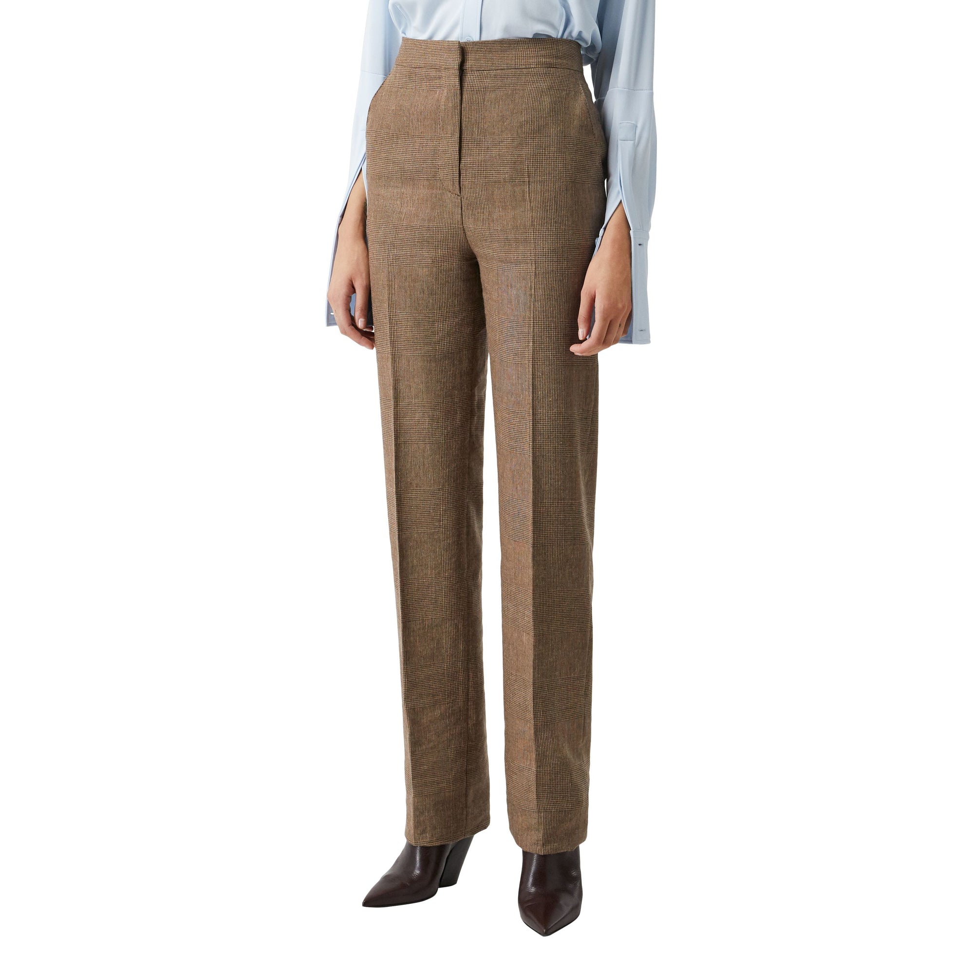 Pantalon en lin laine et cachemire check Prince de Galles - Brown