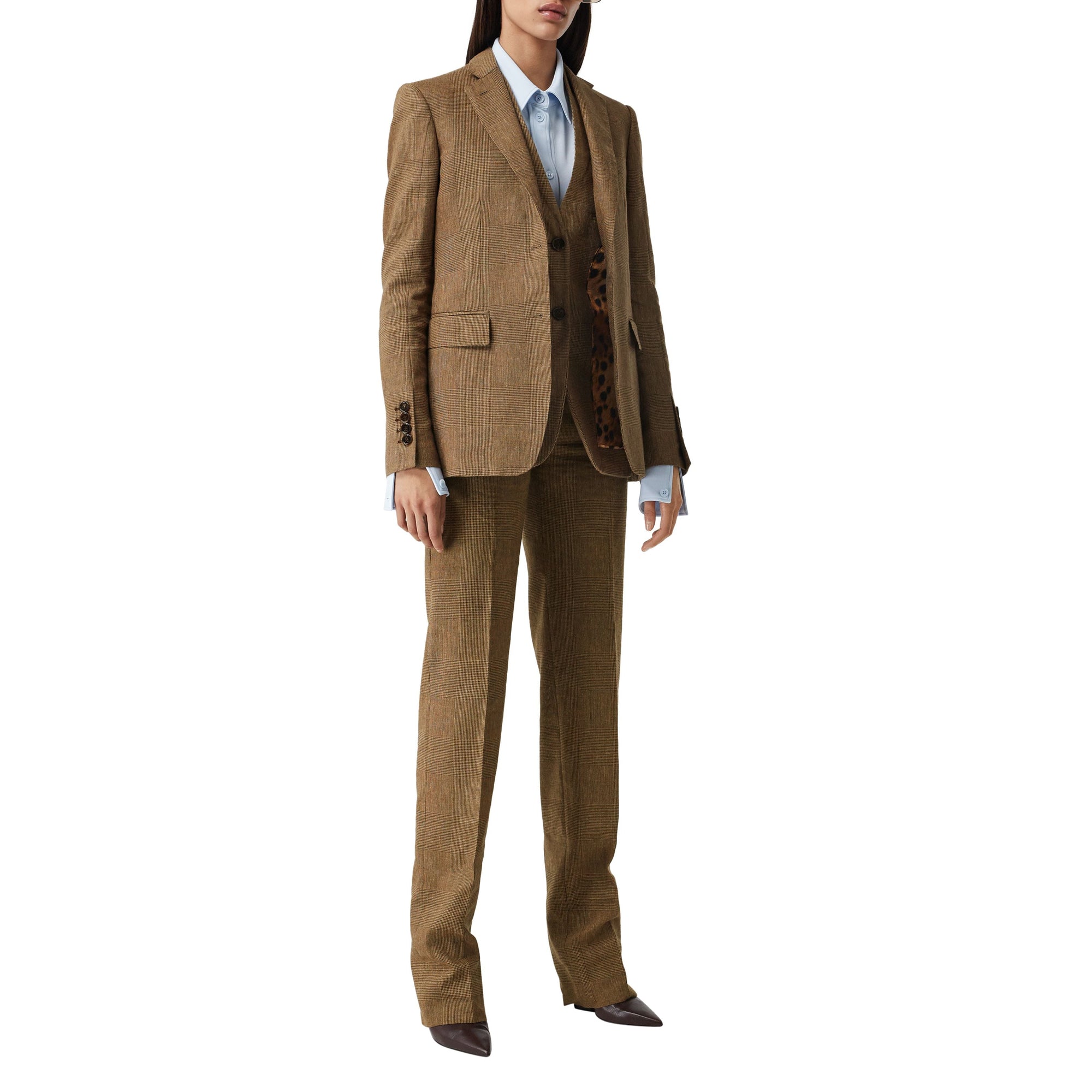 Pantalon en lin laine et cachemire check Prince de Galles - Brown