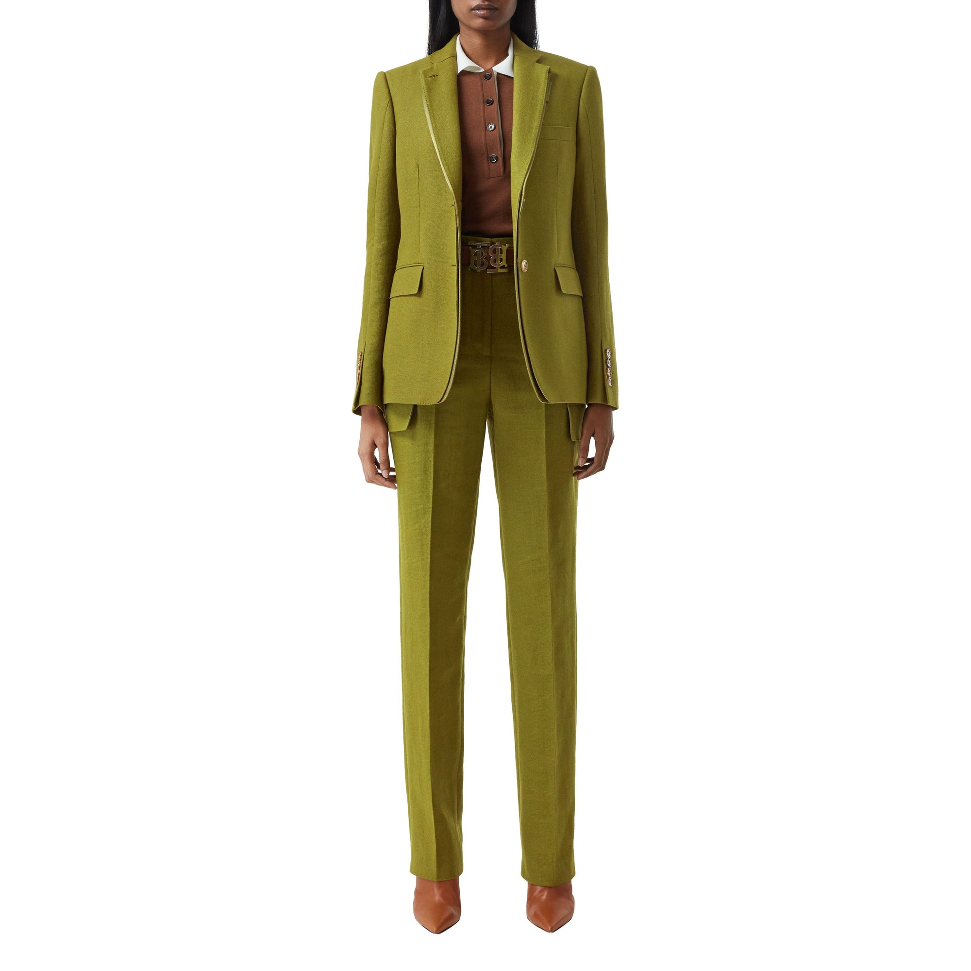 Veste tailleur en laine ramie et satin de soie - Juniper Green