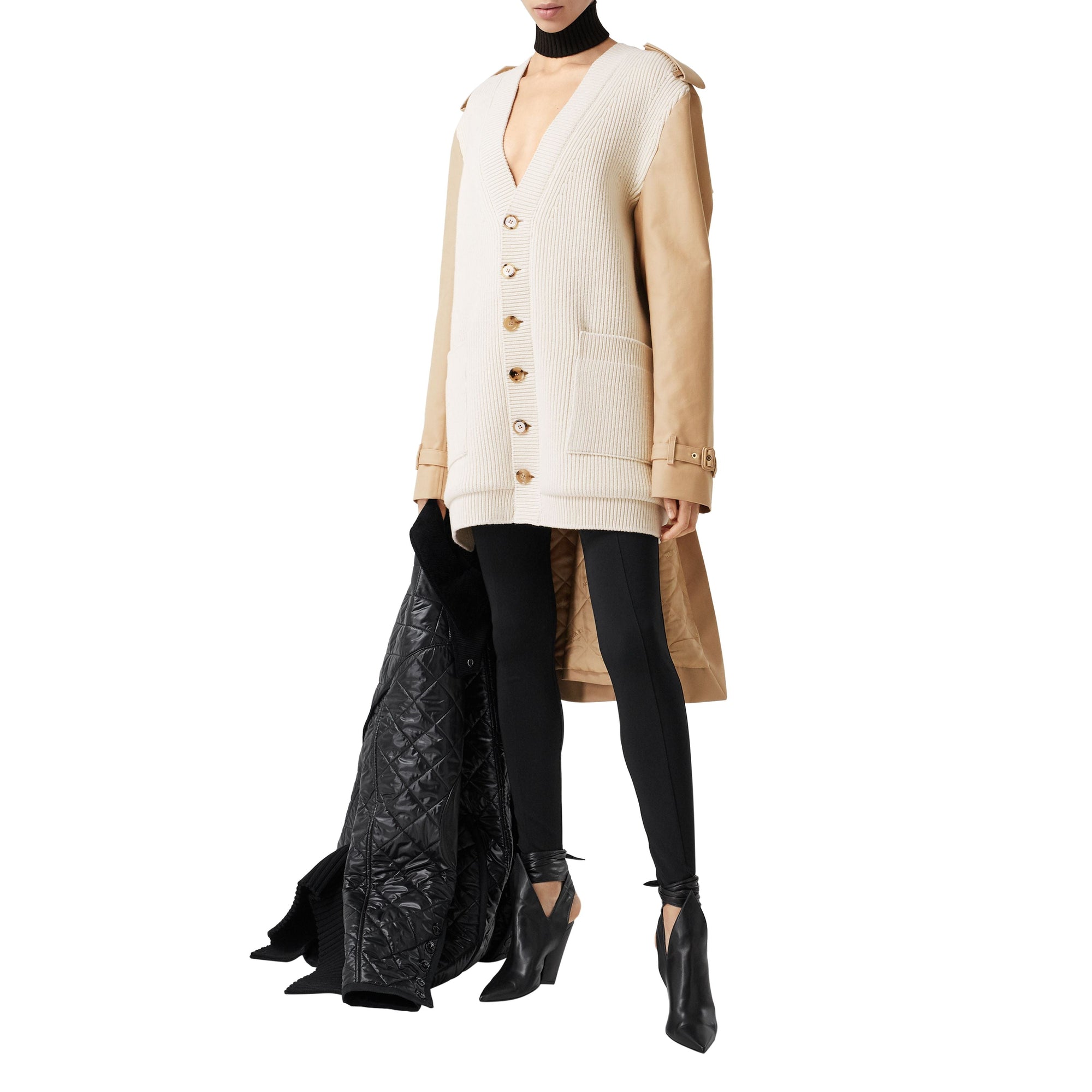 Cardigan en maille de laine mélangée côtelée avec trench - Soft Fawn