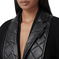 Cardigan en maille de laine côtelée avec blazer en cuir d'agneau - Black