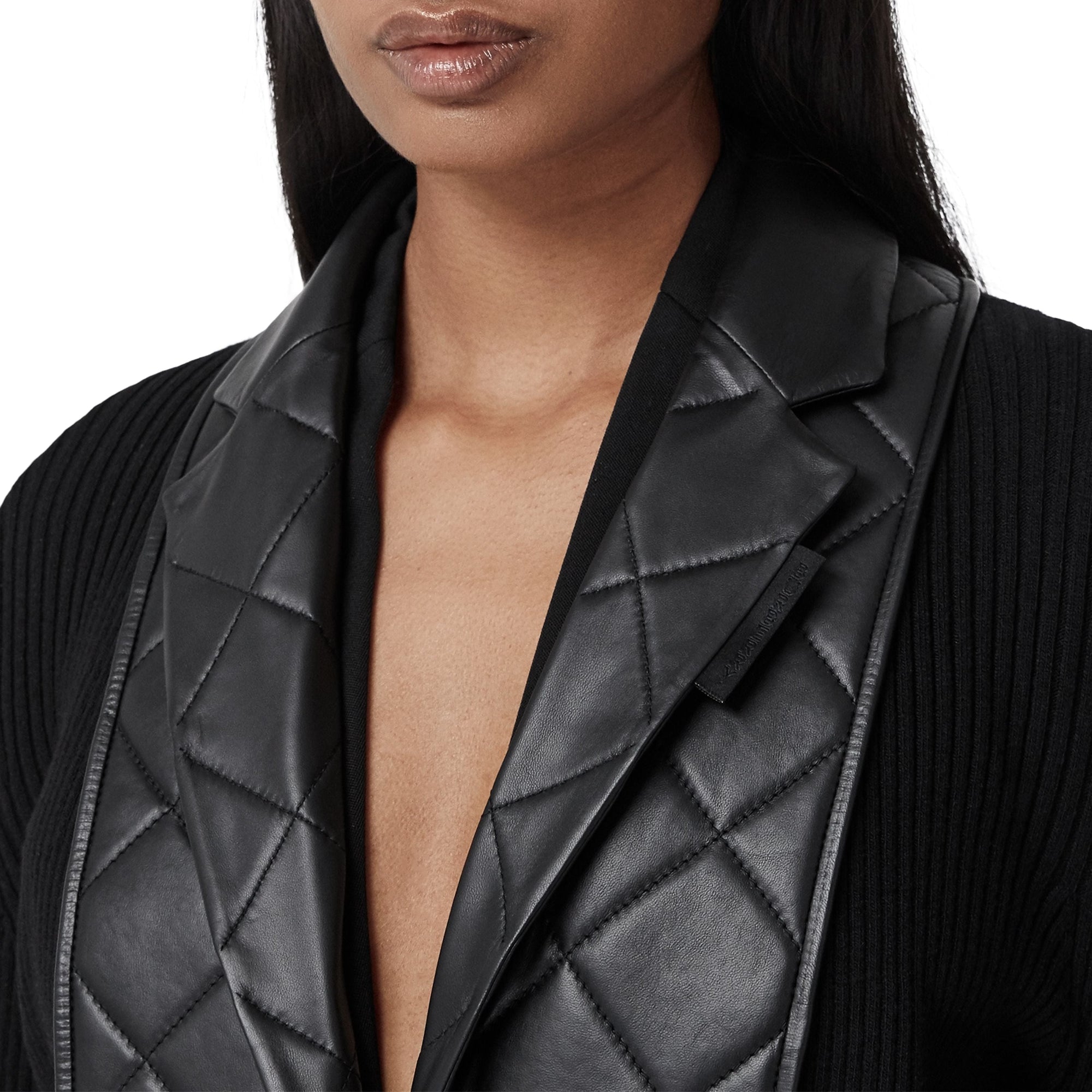 Cardigan en maille de laine côtelée avec blazer en cuir d'agneau - Black