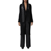 Cardigan en maille de laine côtelée avec blazer en cuir d'agneau - Black