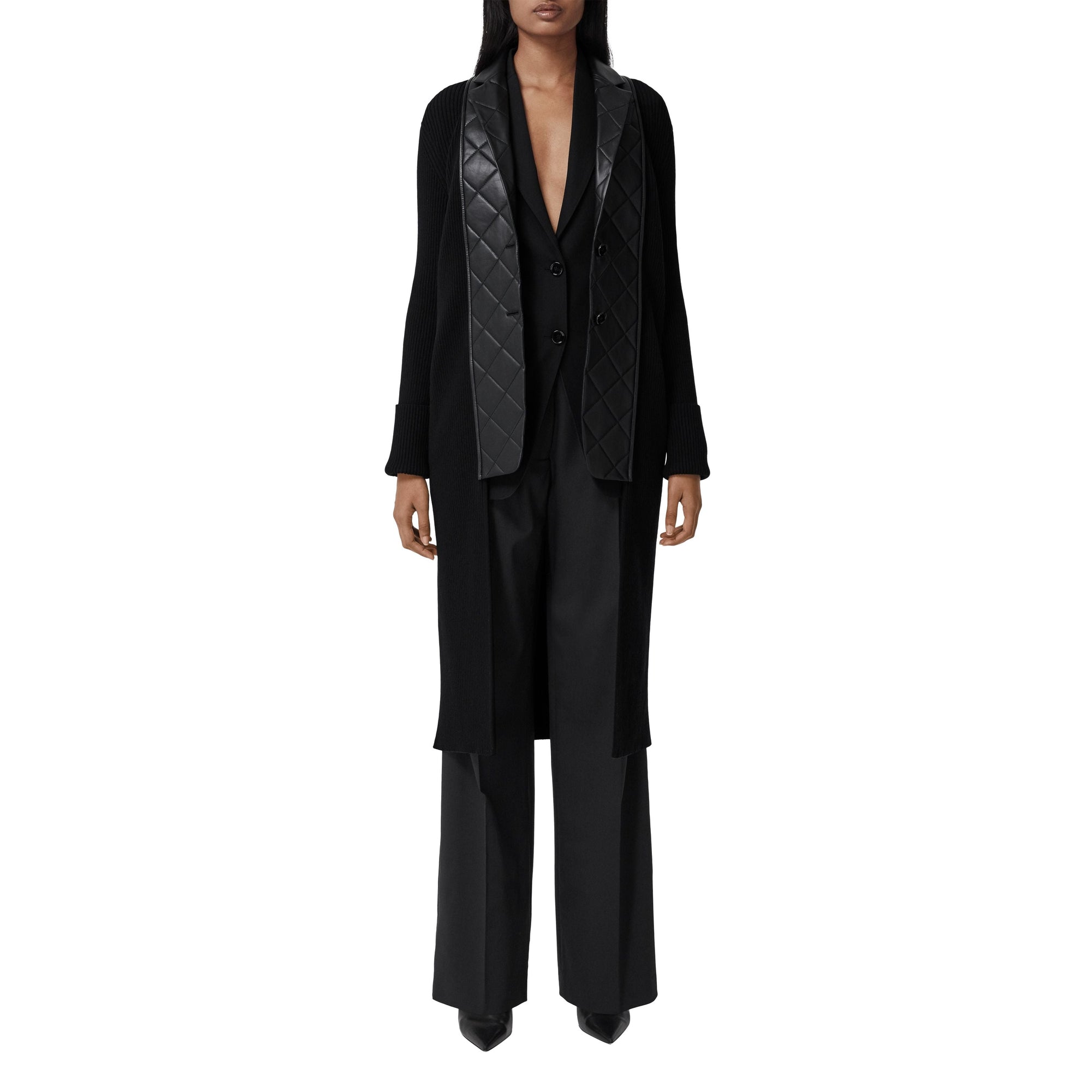 Cardigan en maille de laine côtelée avec blazer en cuir d'agneau - Black