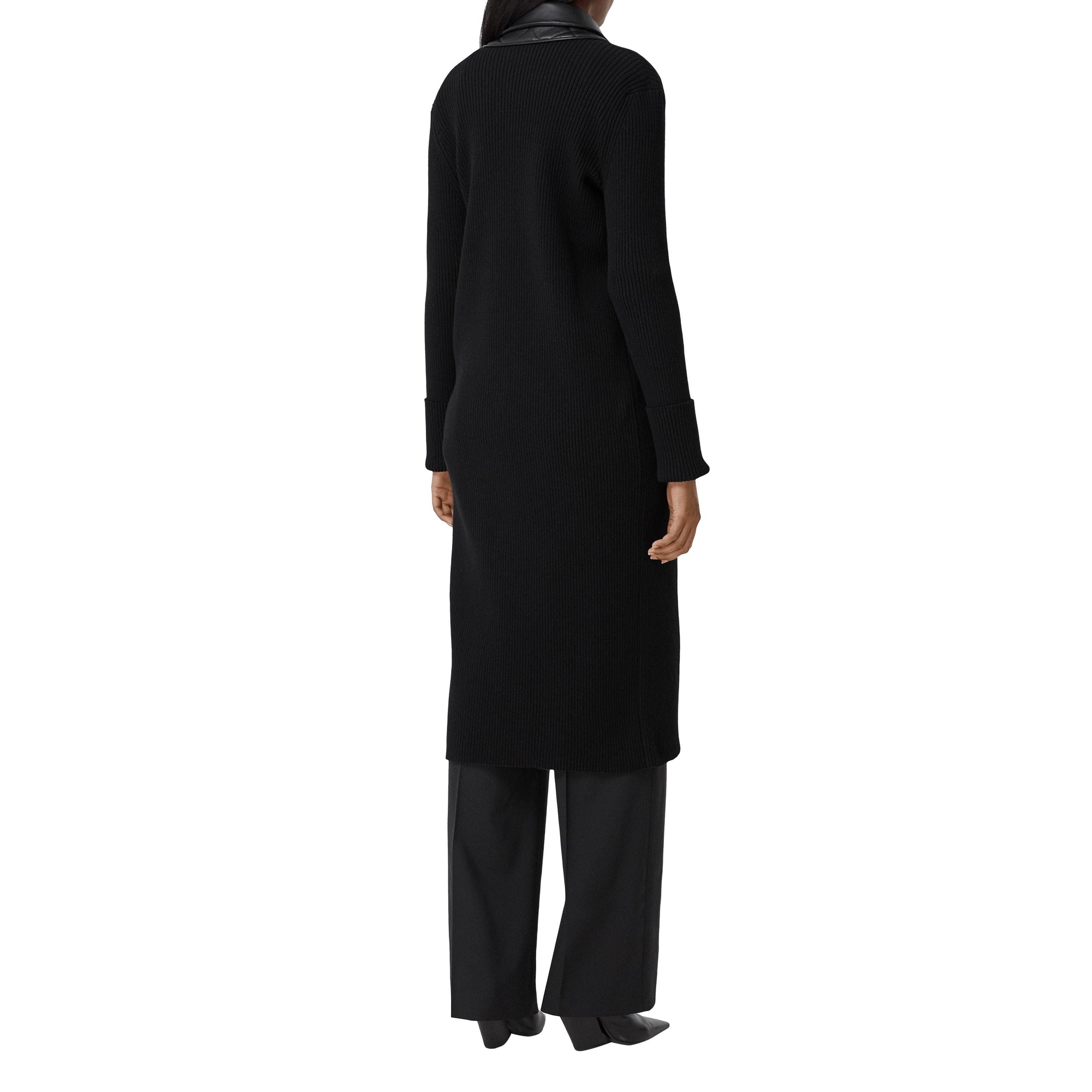 Cardigan en maille de laine côtelée avec blazer en cuir d'agneau - Black