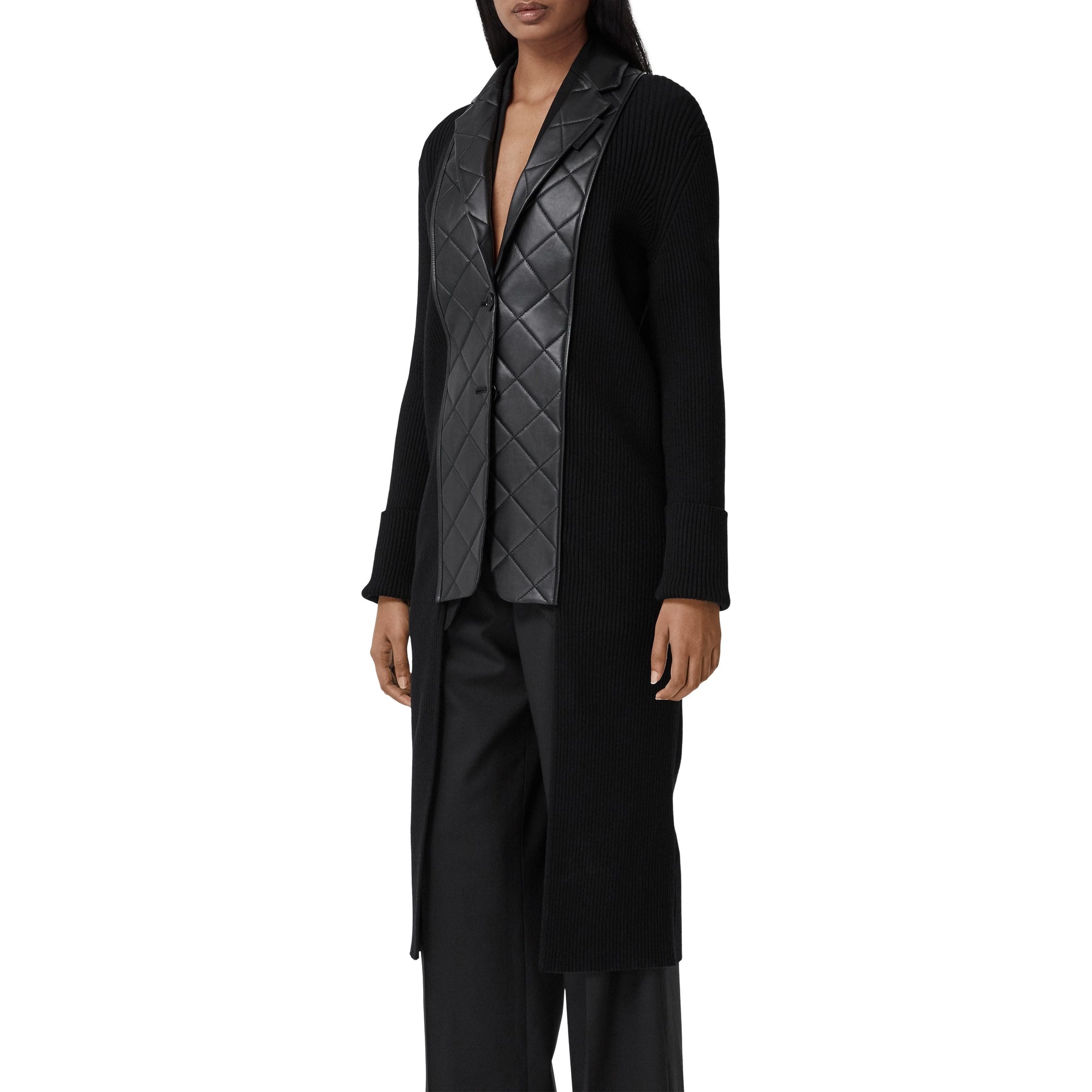 Cardigan en maille de laine côtelée avec blazer en cuir d'agneau - Black