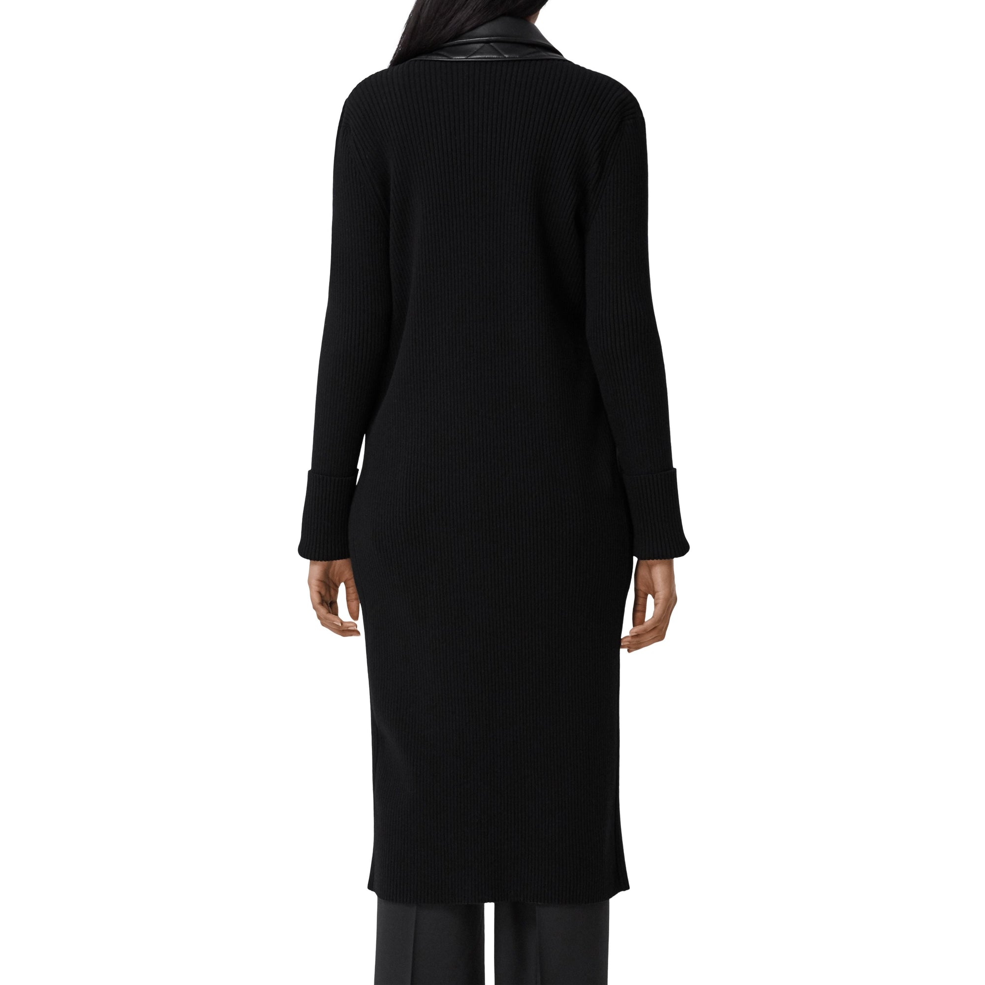 Cardigan en maille de laine côtelée avec blazer en cuir d'agneau - Black