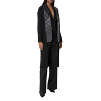 Cardigan en maille de laine côtelée avec blazer en cuir d'agneau - Black