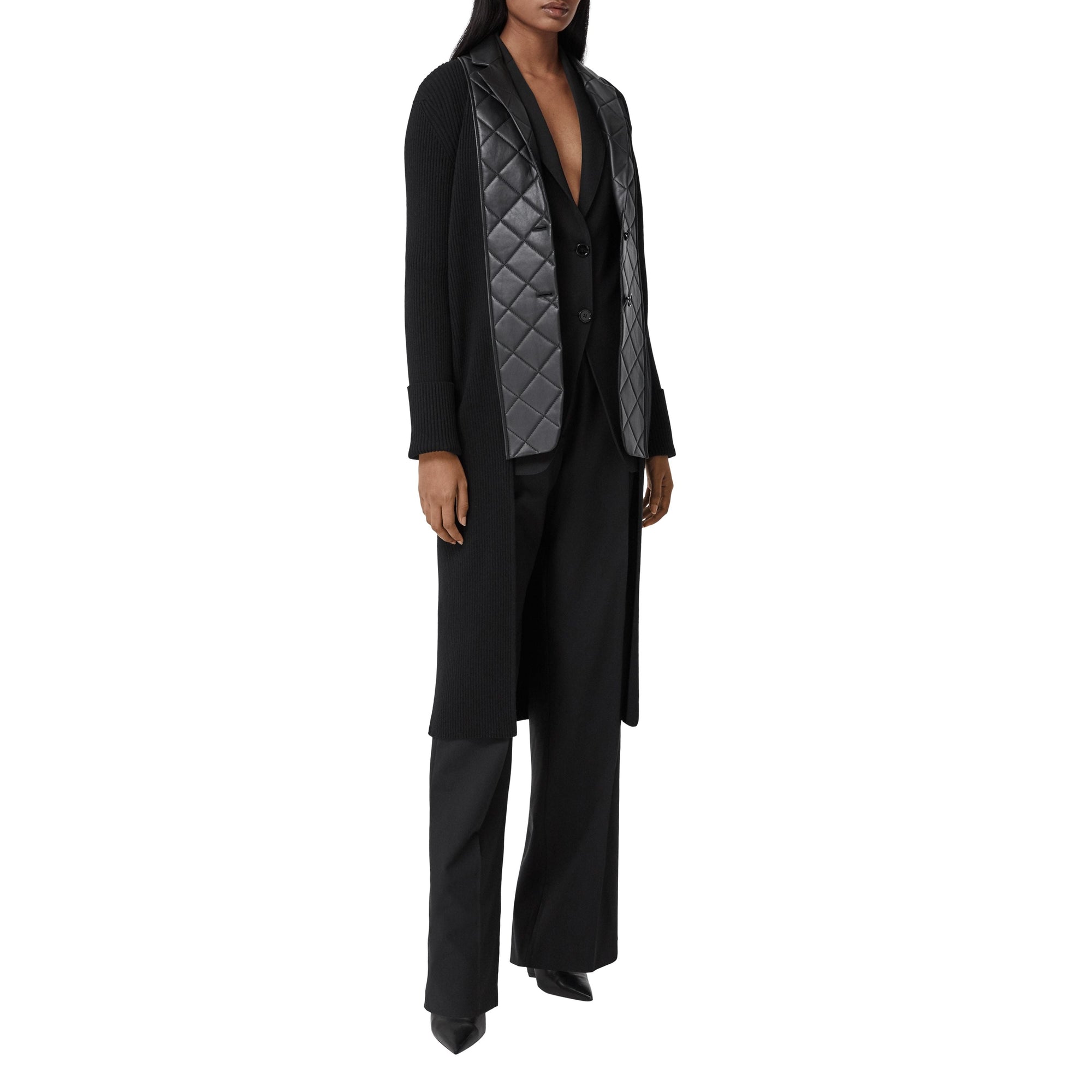 Cardigan en maille de laine côtelée avec blazer en cuir d'agneau - Black