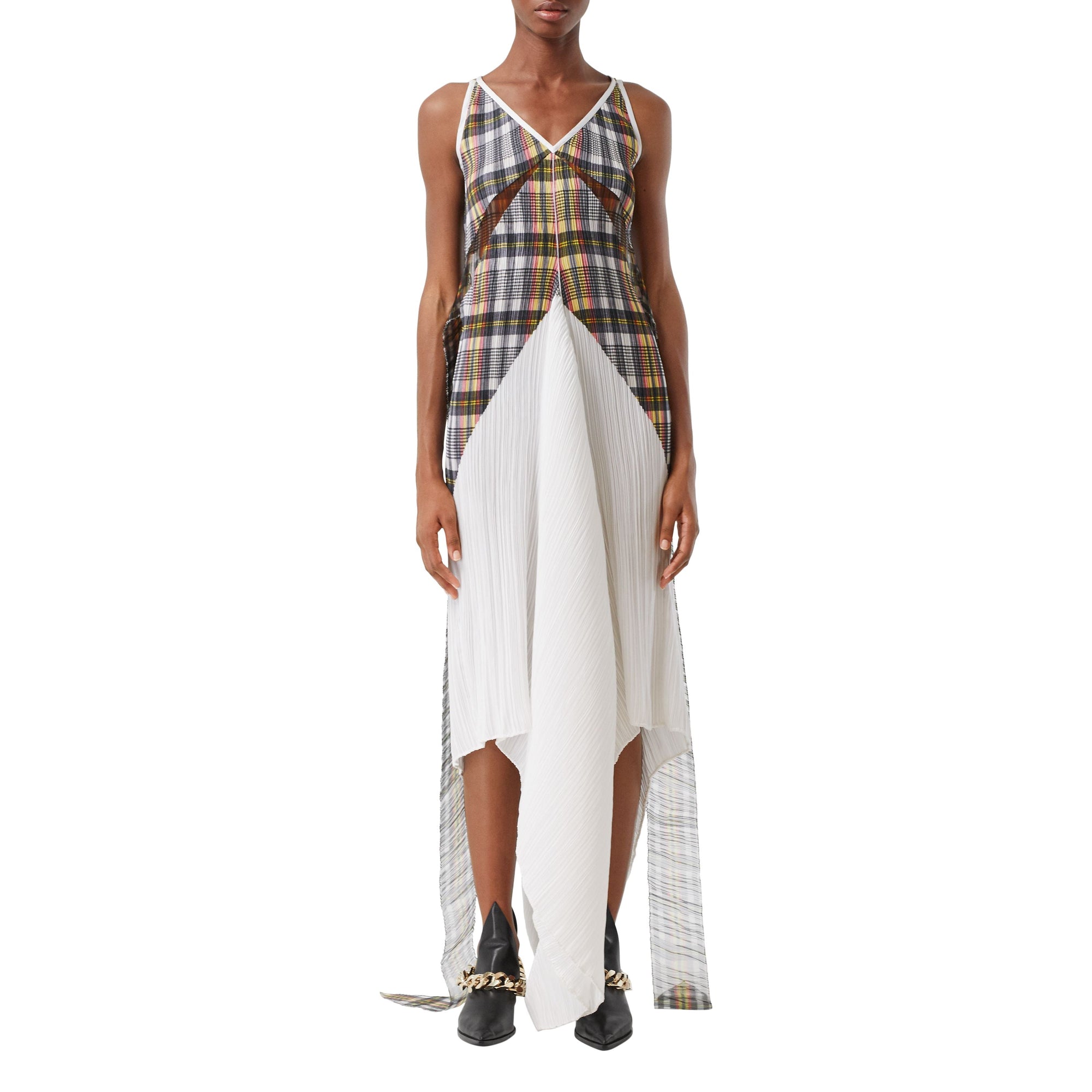Robe plissée ajustée en satin avec check - Canary Yellow Check