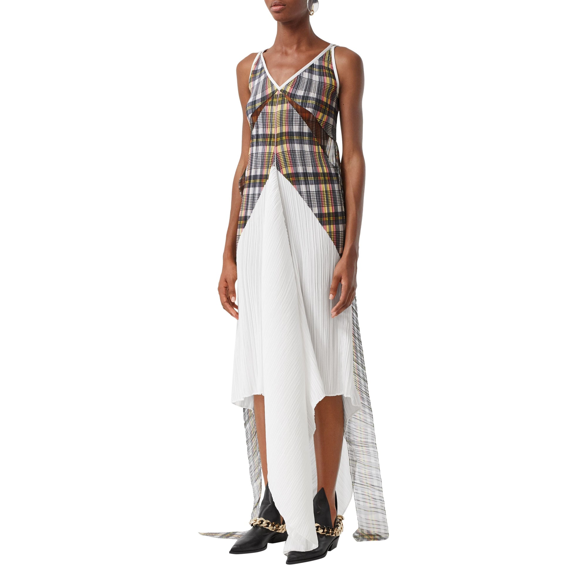 Robe plissée ajustée en satin avec check - Canary Yellow Check
