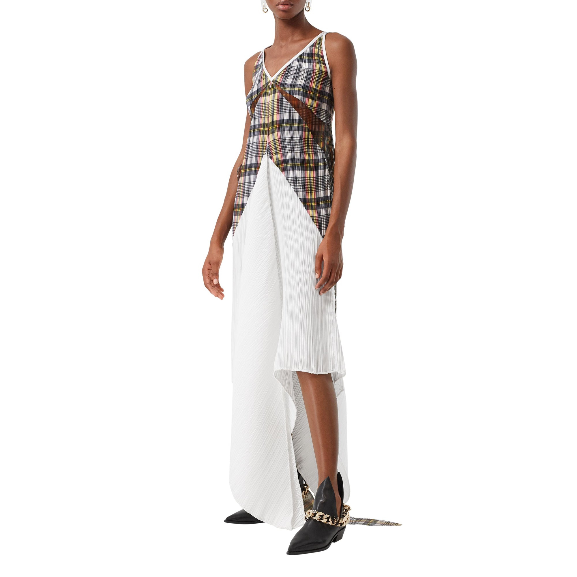 Robe plissée ajustée en satin avec check - Canary Yellow Check