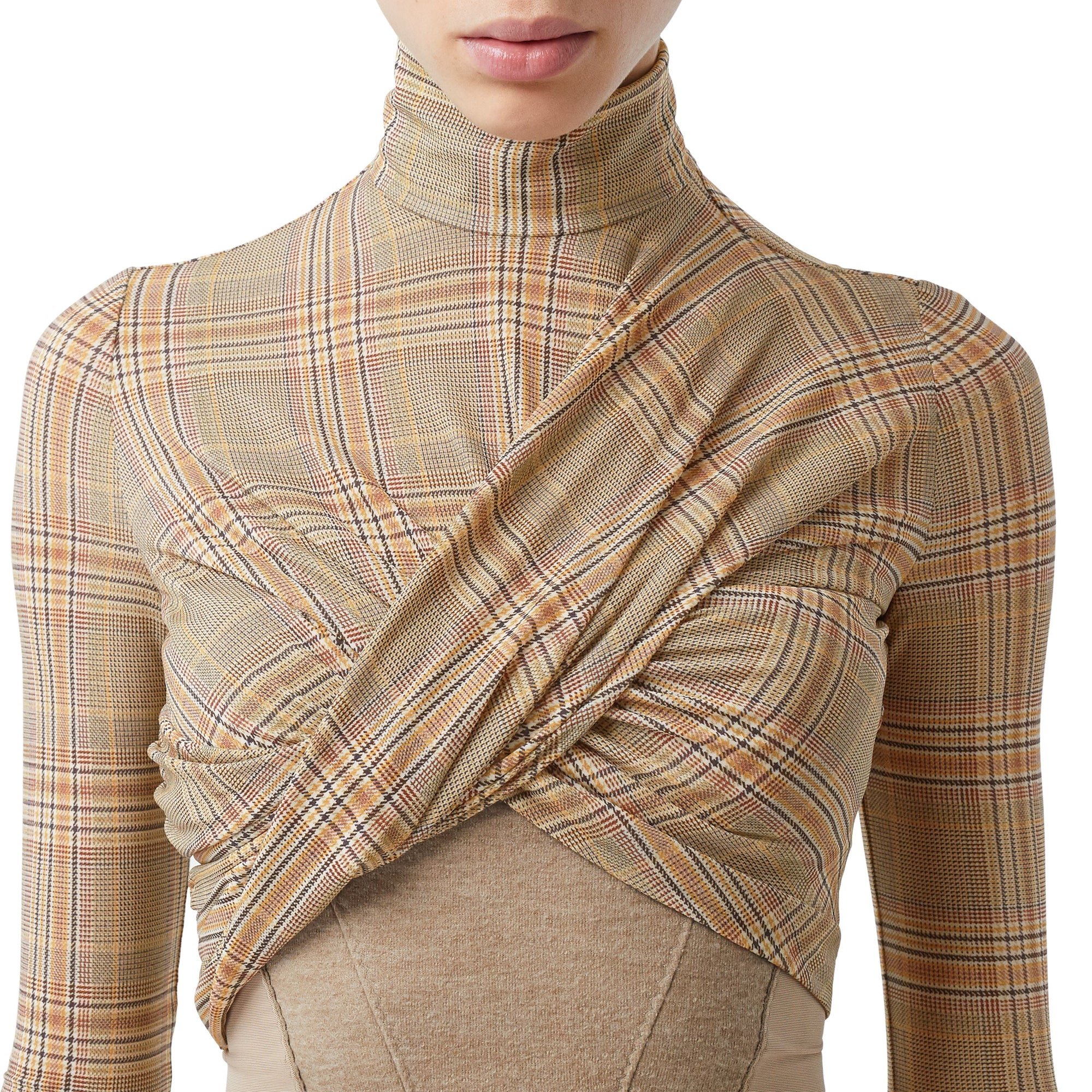 Haut court à manches longues en jersey stretch check - Dark Honey