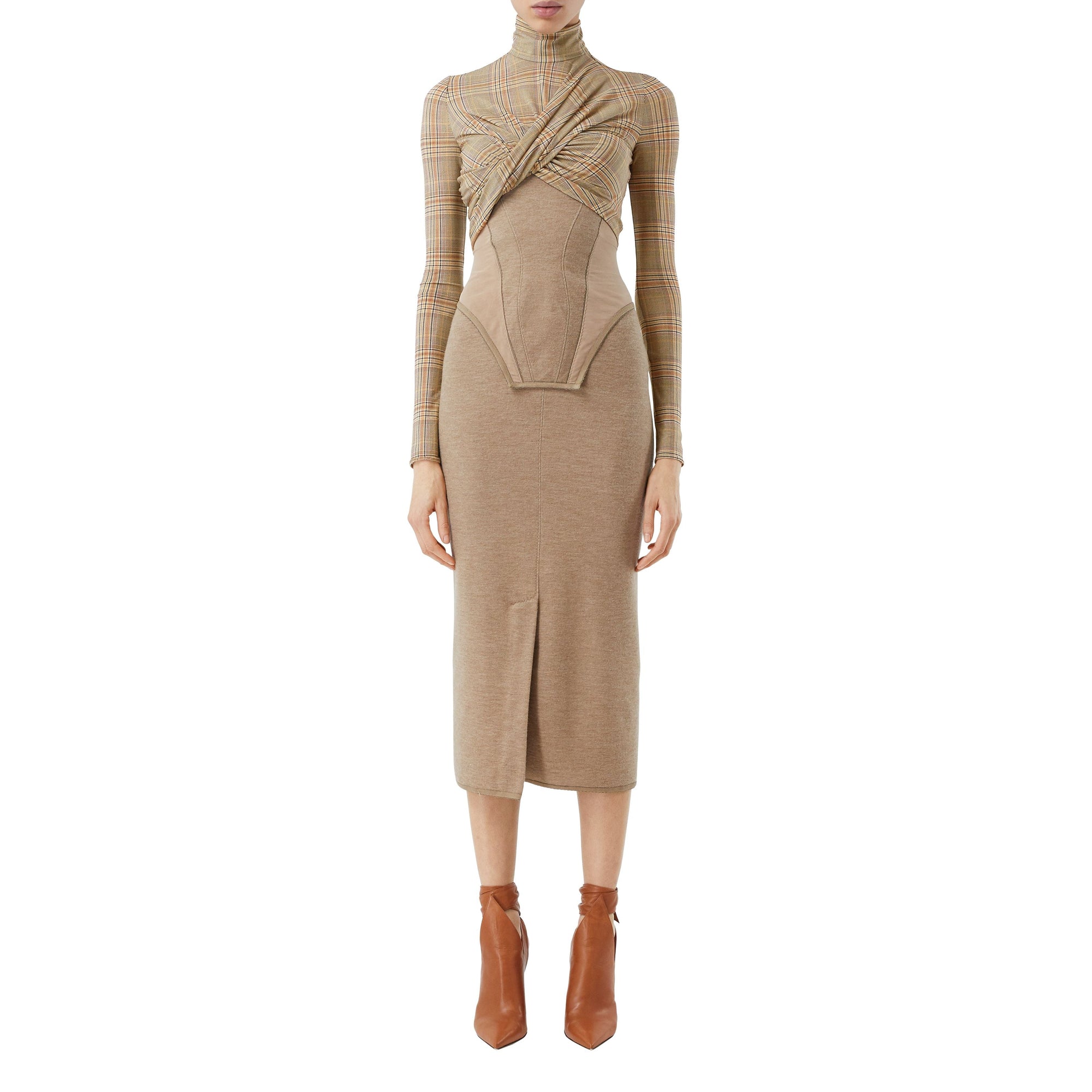 Haut court à manches longues en jersey stretch check - Dark Honey