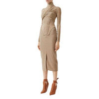 Haut court à manches longues en jersey stretch check - Dark Honey