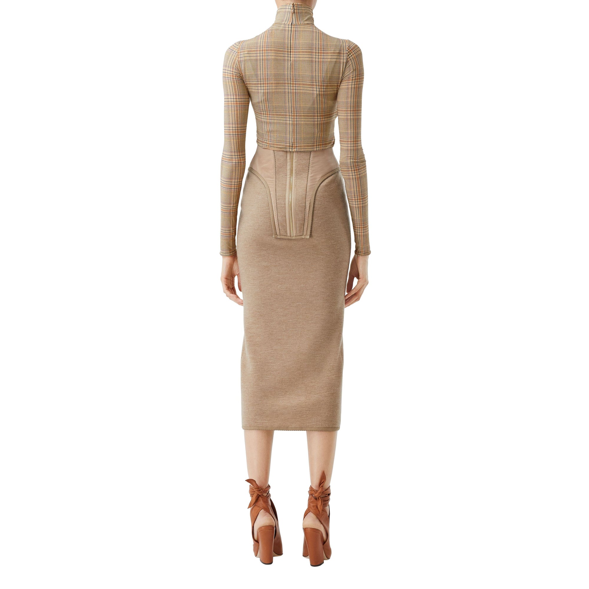 Haut court à manches longues en jersey stretch check - Dark Honey