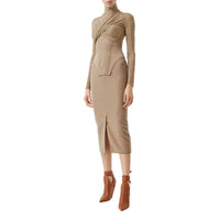 Haut court à manches longues en jersey stretch check - Dark Honey