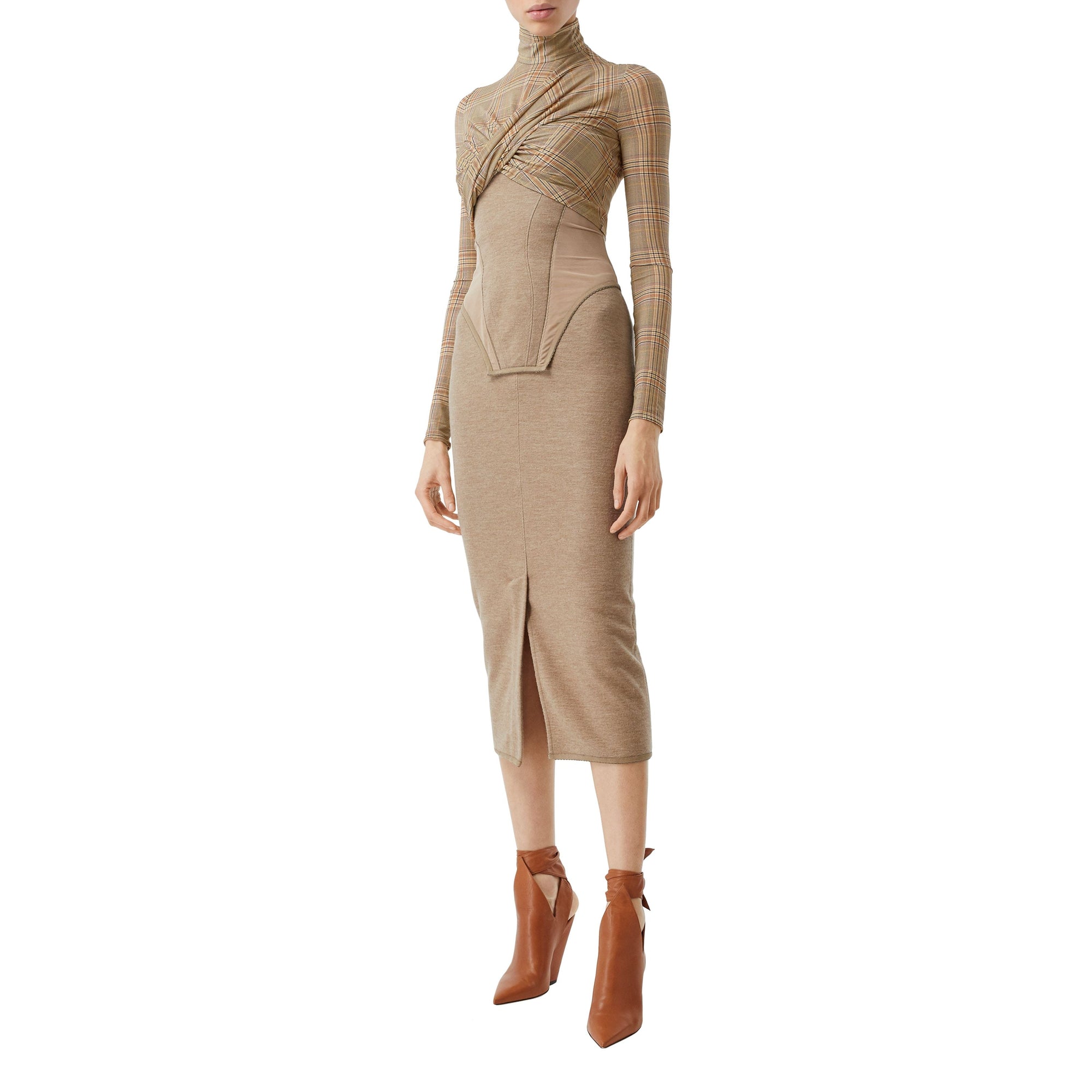 Haut court à manches longues en jersey stretch check - Dark Honey