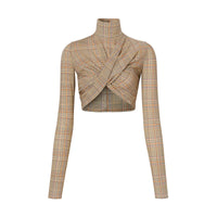 Haut court à manches longues en jersey stretch check - Dark Honey