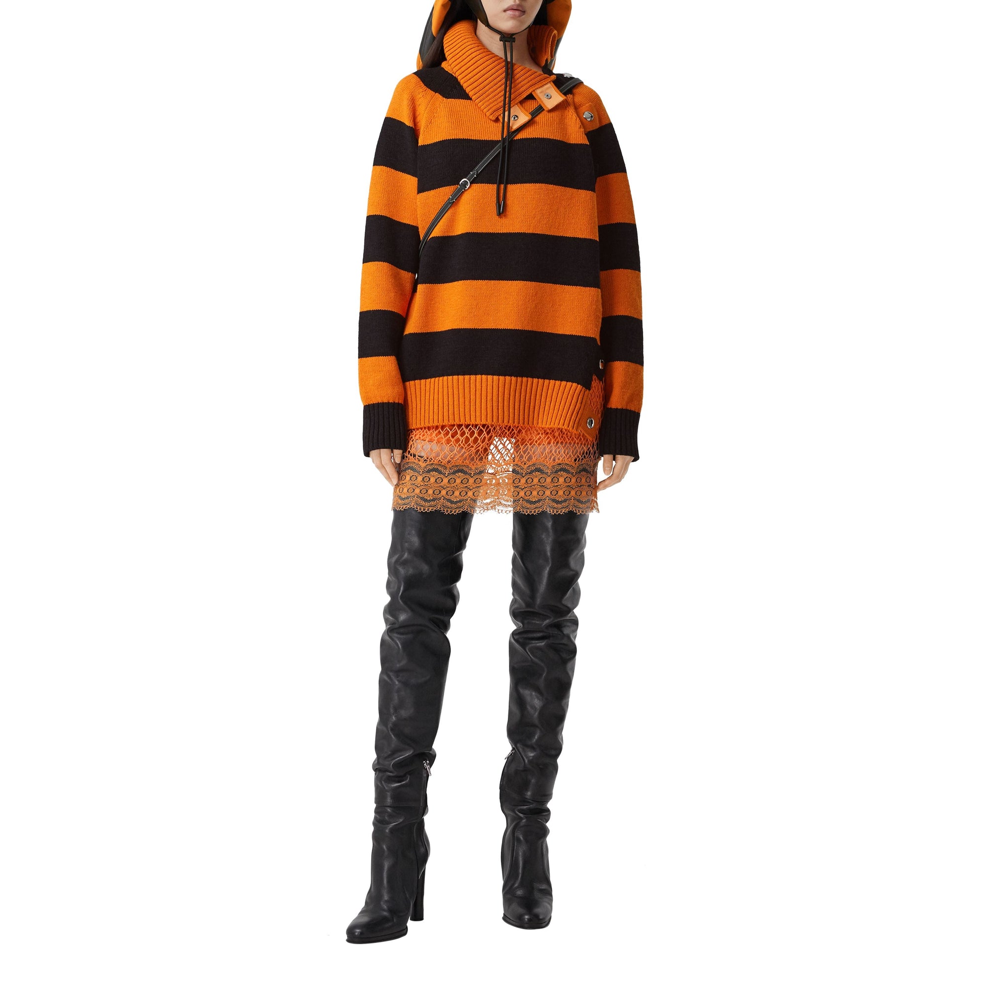 Robe combinaison en résille et soie avec dentelle - Amber Orange