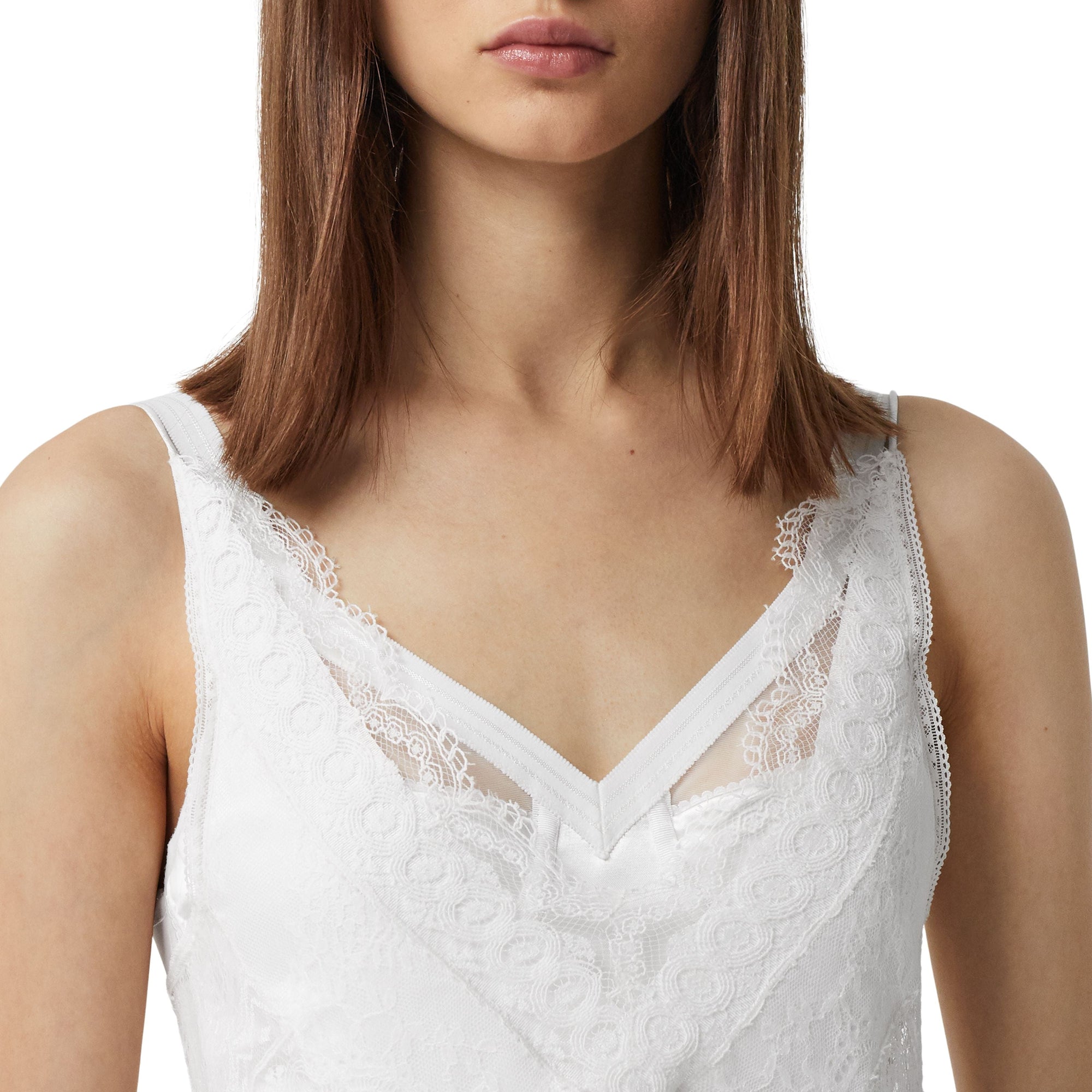 Robe combinaison plissée en résille et soie avec dentelle - Optic White