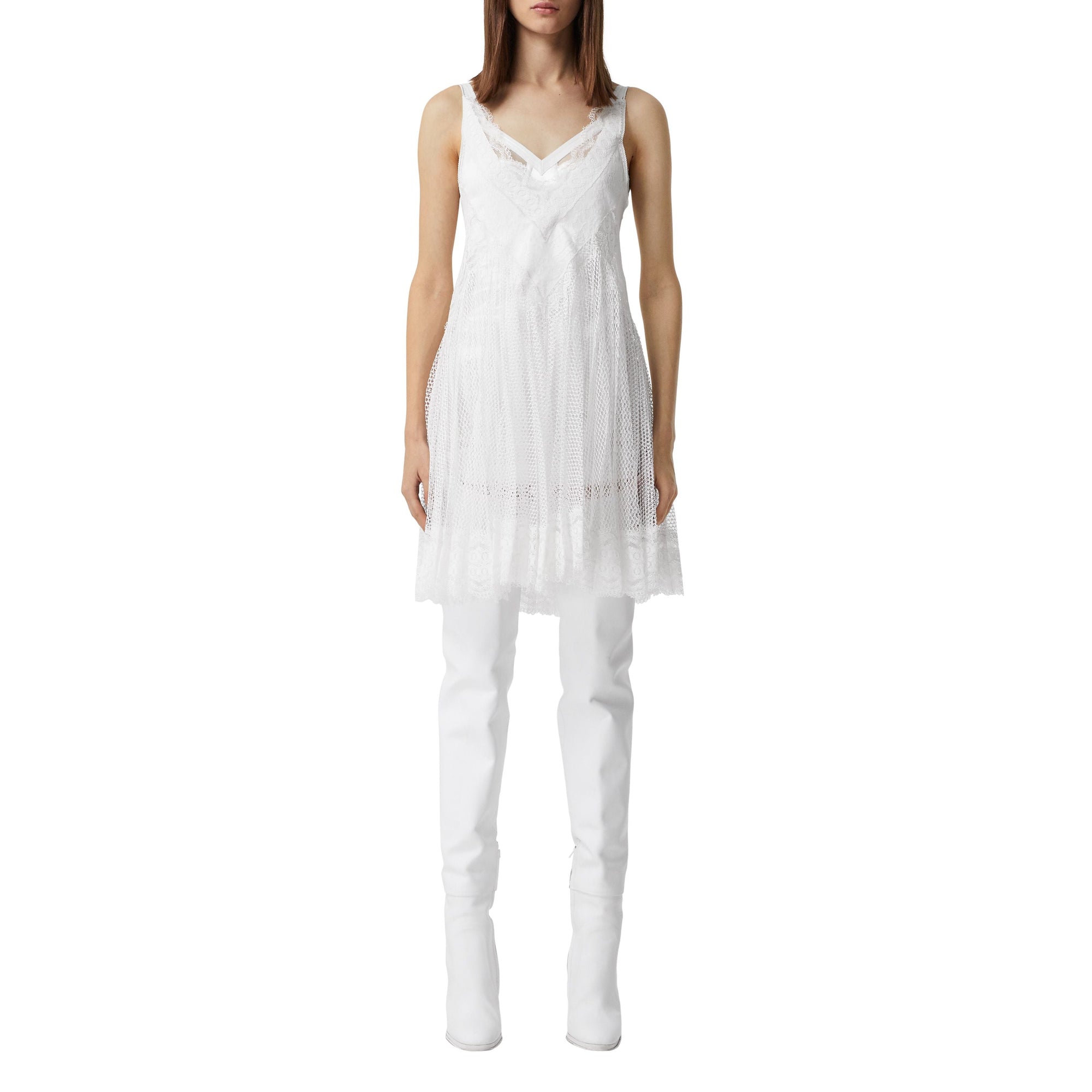 Robe combinaison plissée en résille et soie avec dentelle - Optic White