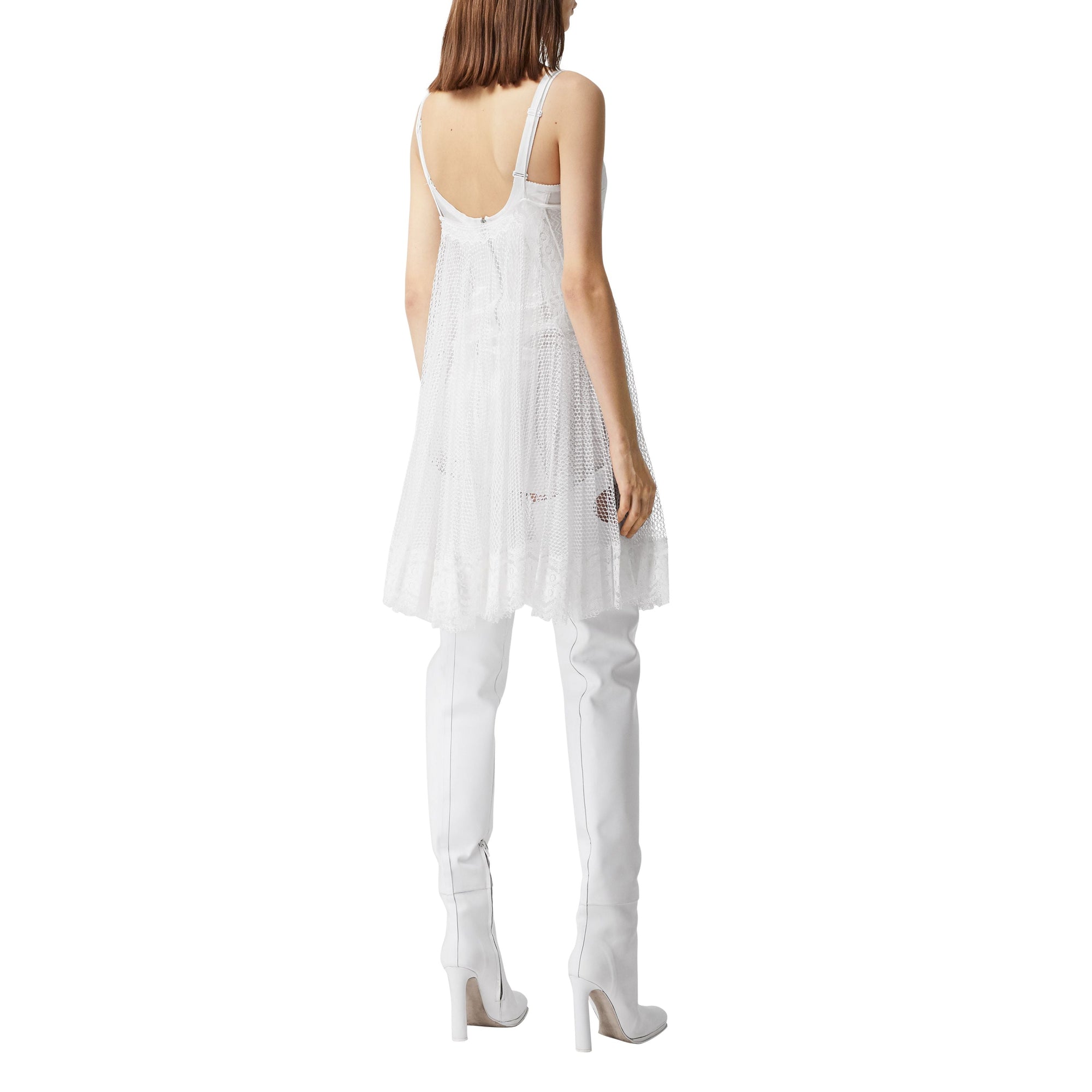 Robe combinaison plissée en résille et soie avec dentelle - Optic White