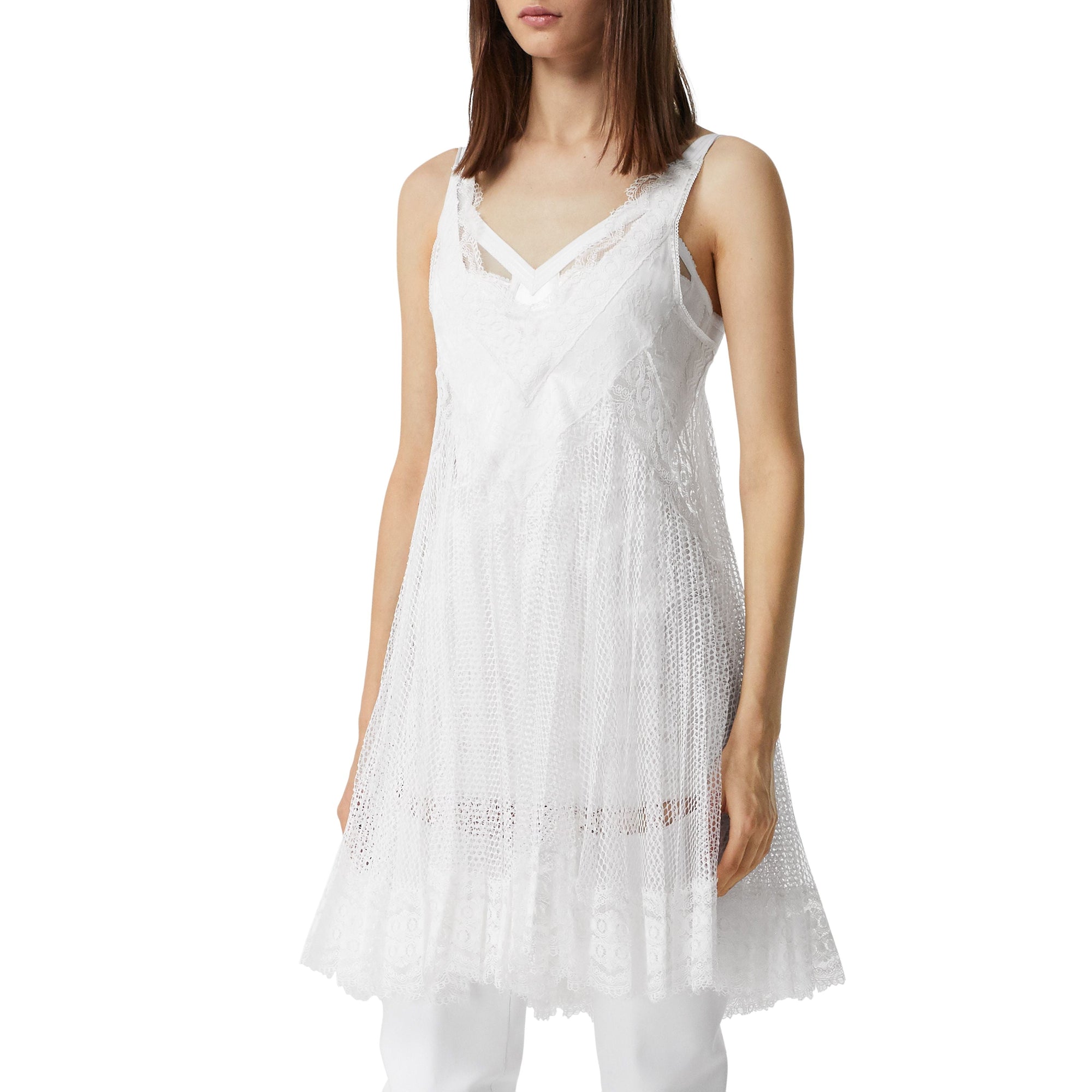 Robe combinaison plissée en résille et soie avec dentelle - Optic White