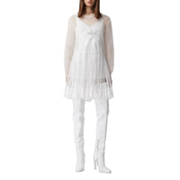 Robe combinaison plissée en résille et soie avec dentelle - Optic White
