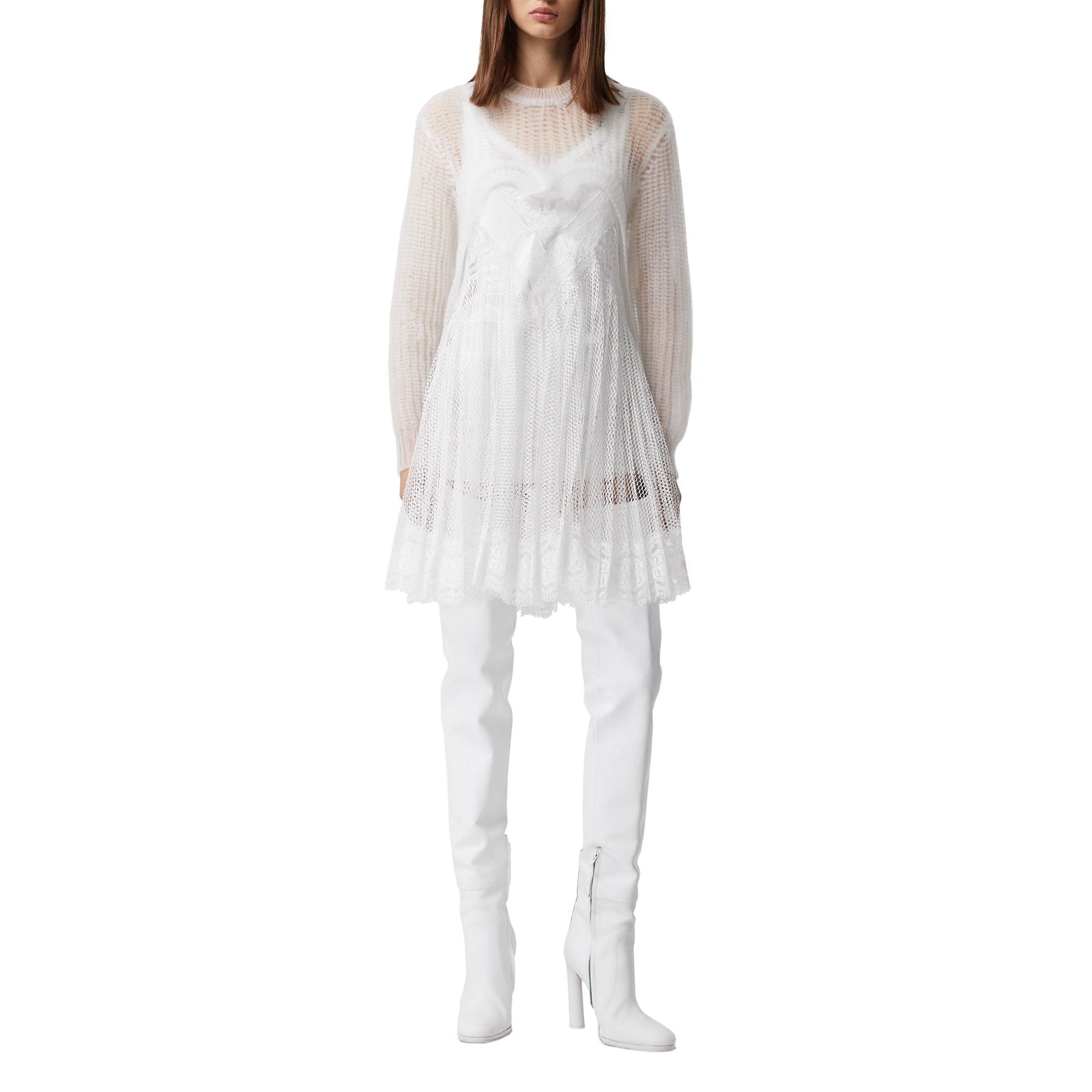 Robe combinaison plissée en résille et soie avec dentelle - Optic White