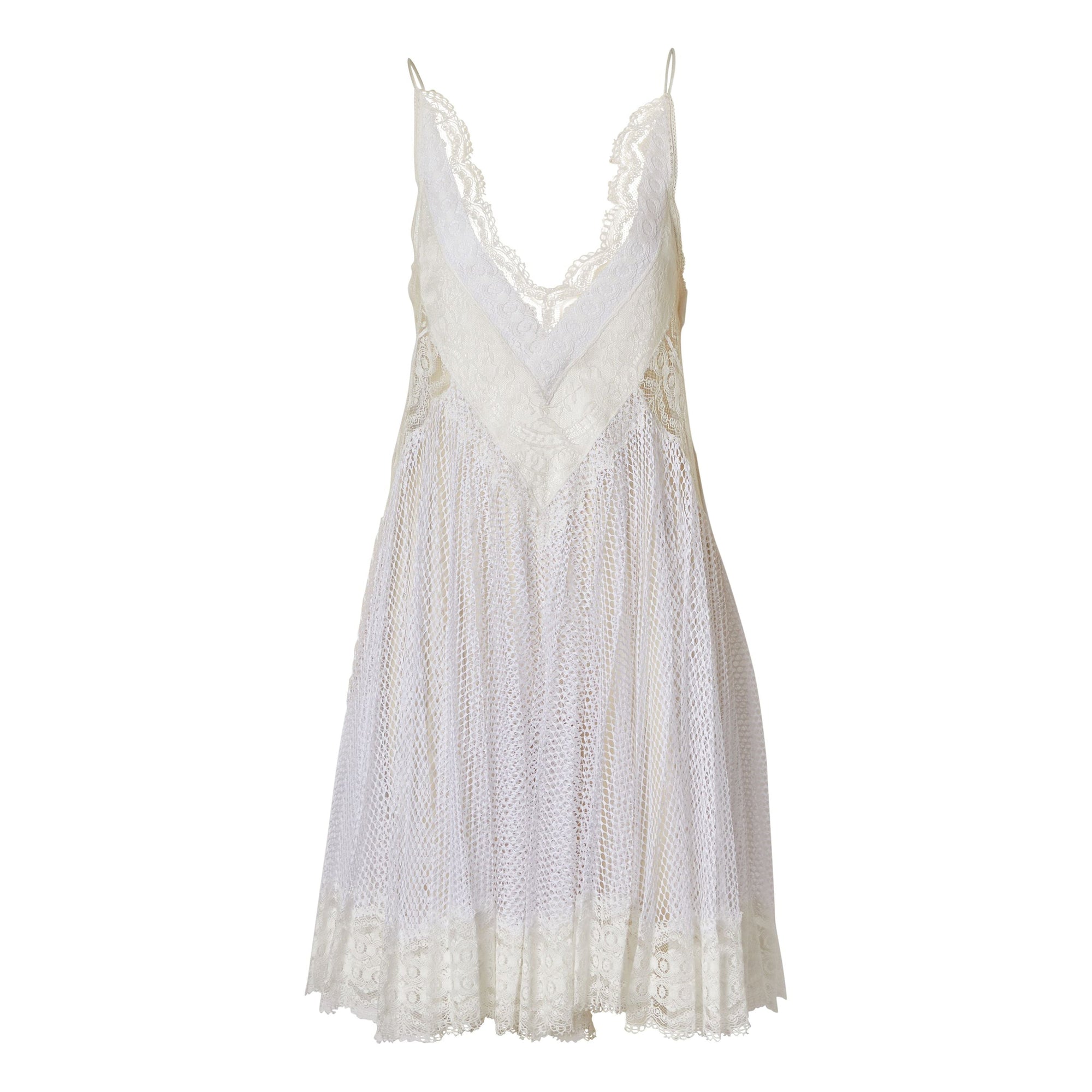 Robe combinaison plissée en résille et soie avec dentelle - Optic White