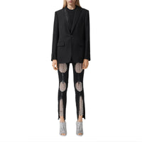 Veste tailleur en laine avec panneau zippé en néoprène - Black