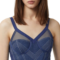 Haut façon corset en denim surpiqué et mesh - Dark Canvas Blue