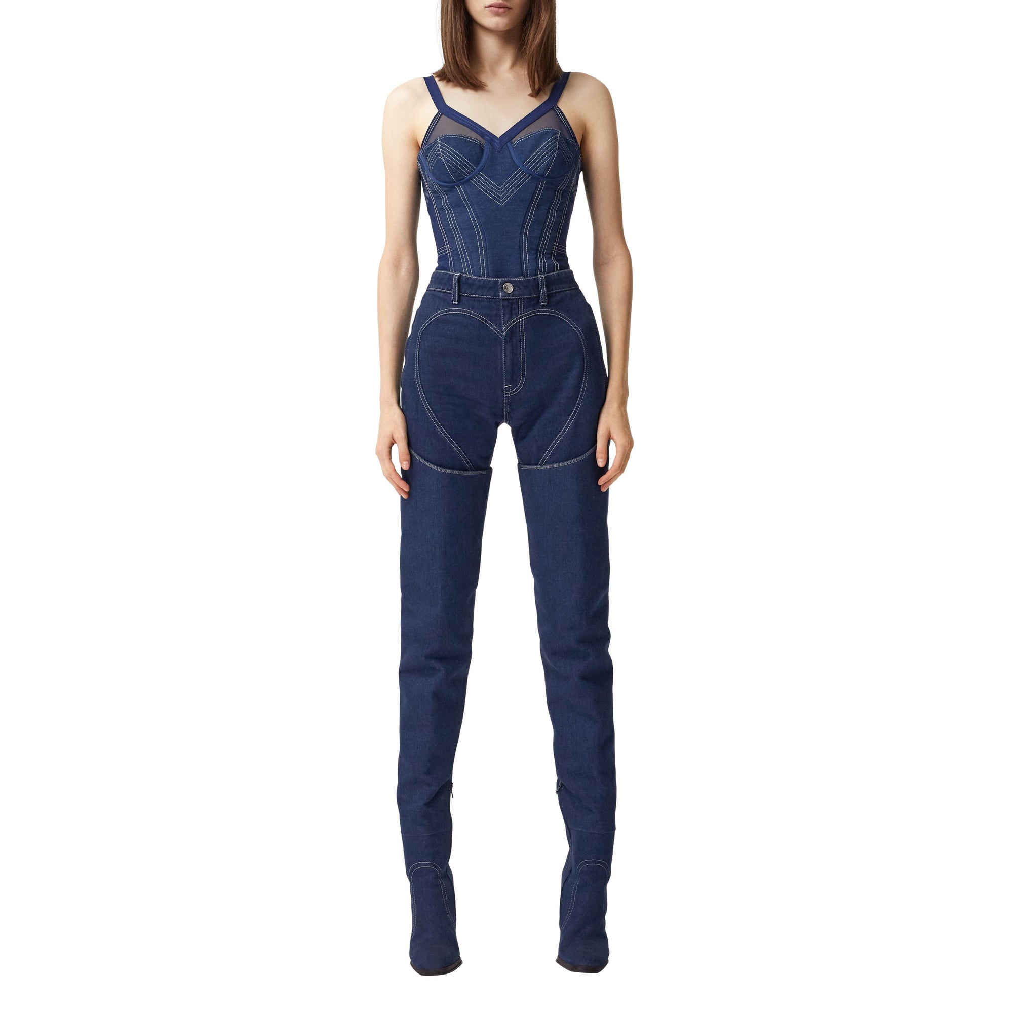 Haut façon corset en denim surpiqué et mesh - Dark Canvas Blue